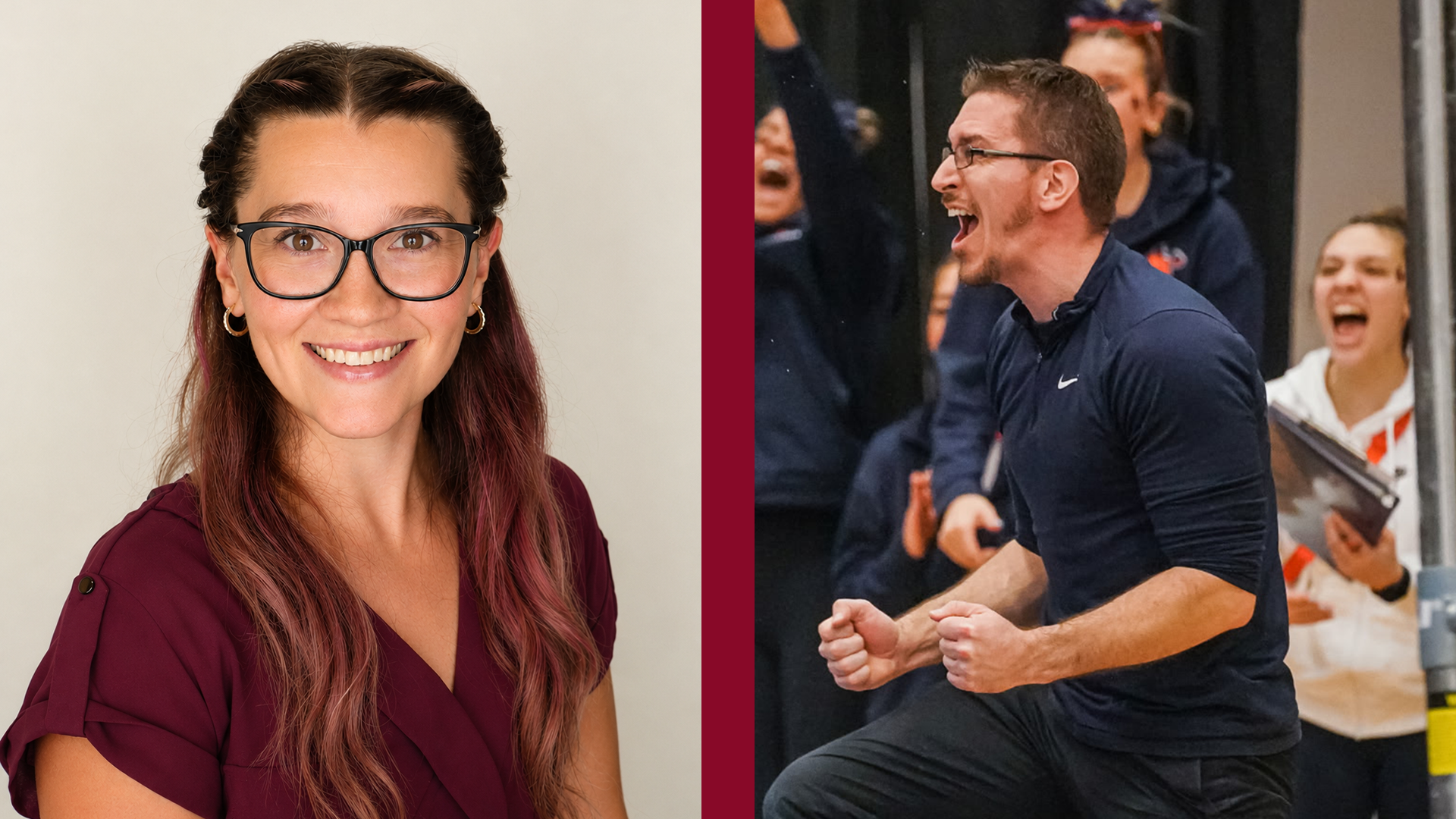 TWU Gymnastics two assistant coaches pictured. Megan Walker Thigpen on the left and A.J. Banker on the right. 