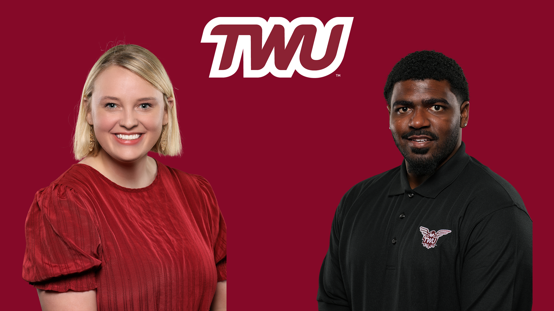 Morgan Lair and Coryeon Chester pictured in a graphic with a TWU logo in the center. 