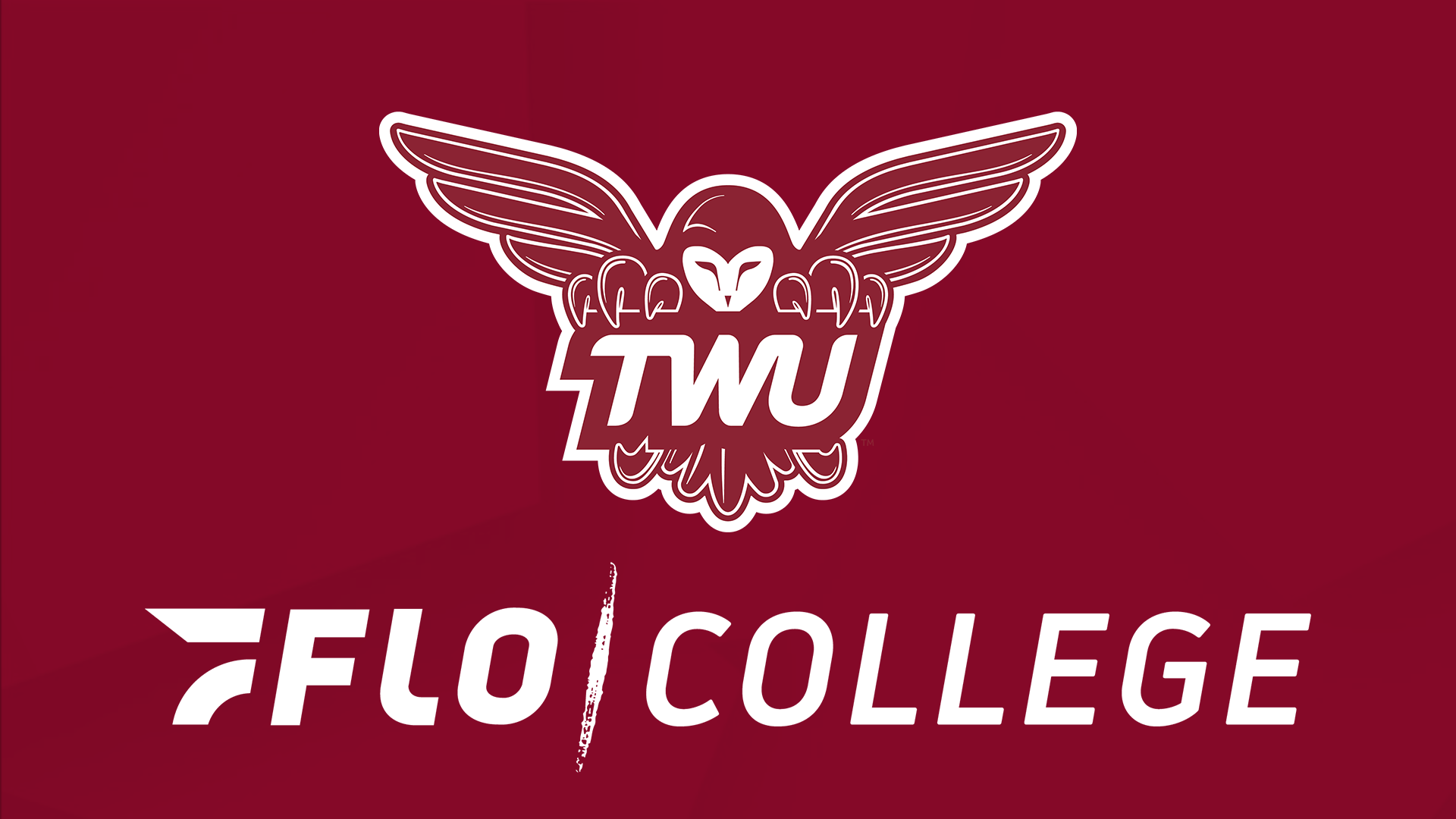 TWU logo and Flo college logo pictured on maroon background. 