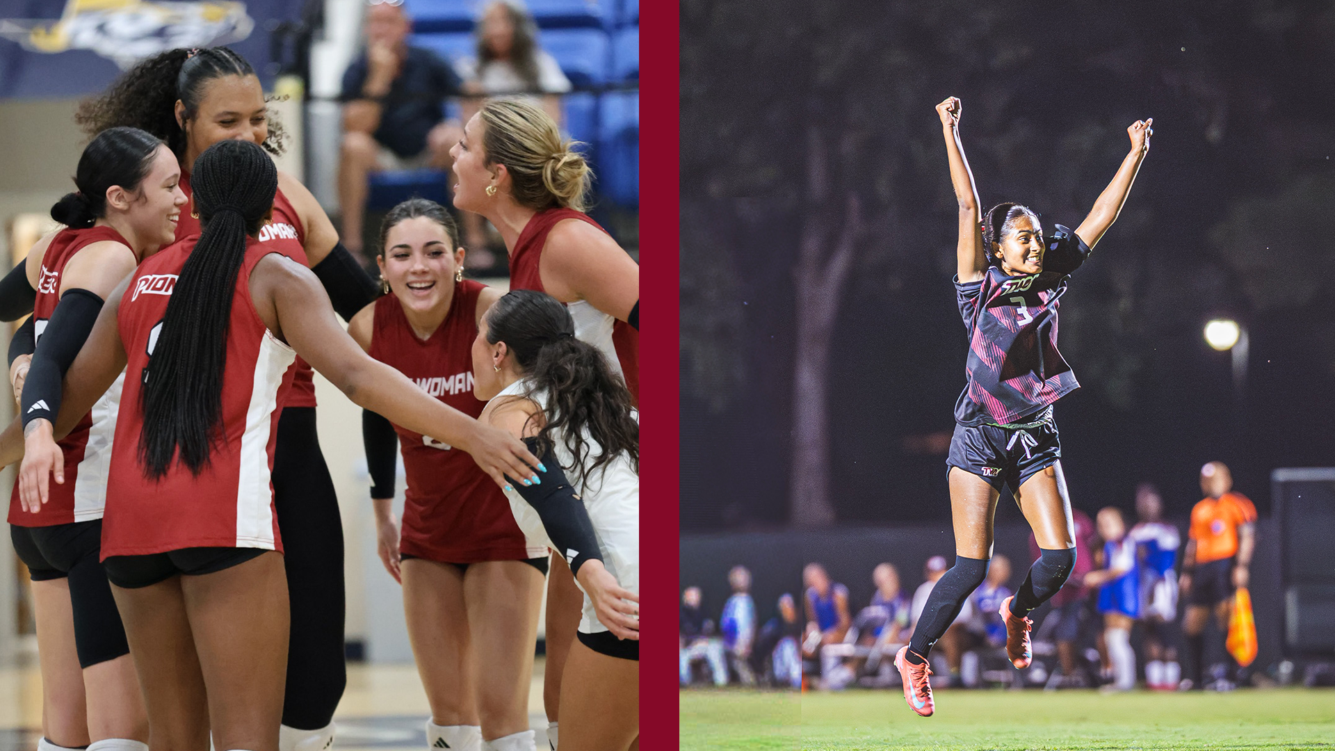 Volleyball huddle pictured on left, and TWU soccer player pictured on right jumping with excitement. 