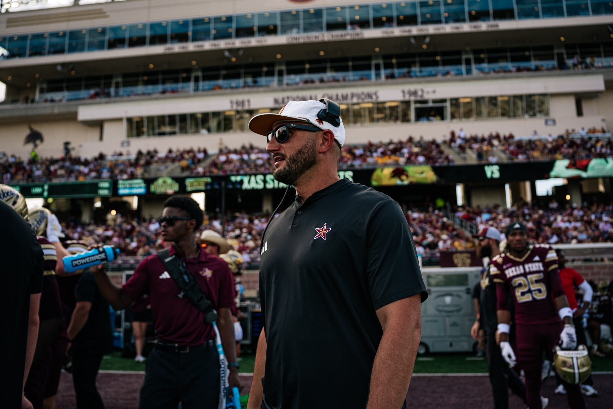 GJ Kinne on the sideline during Texas State's football game against UIW