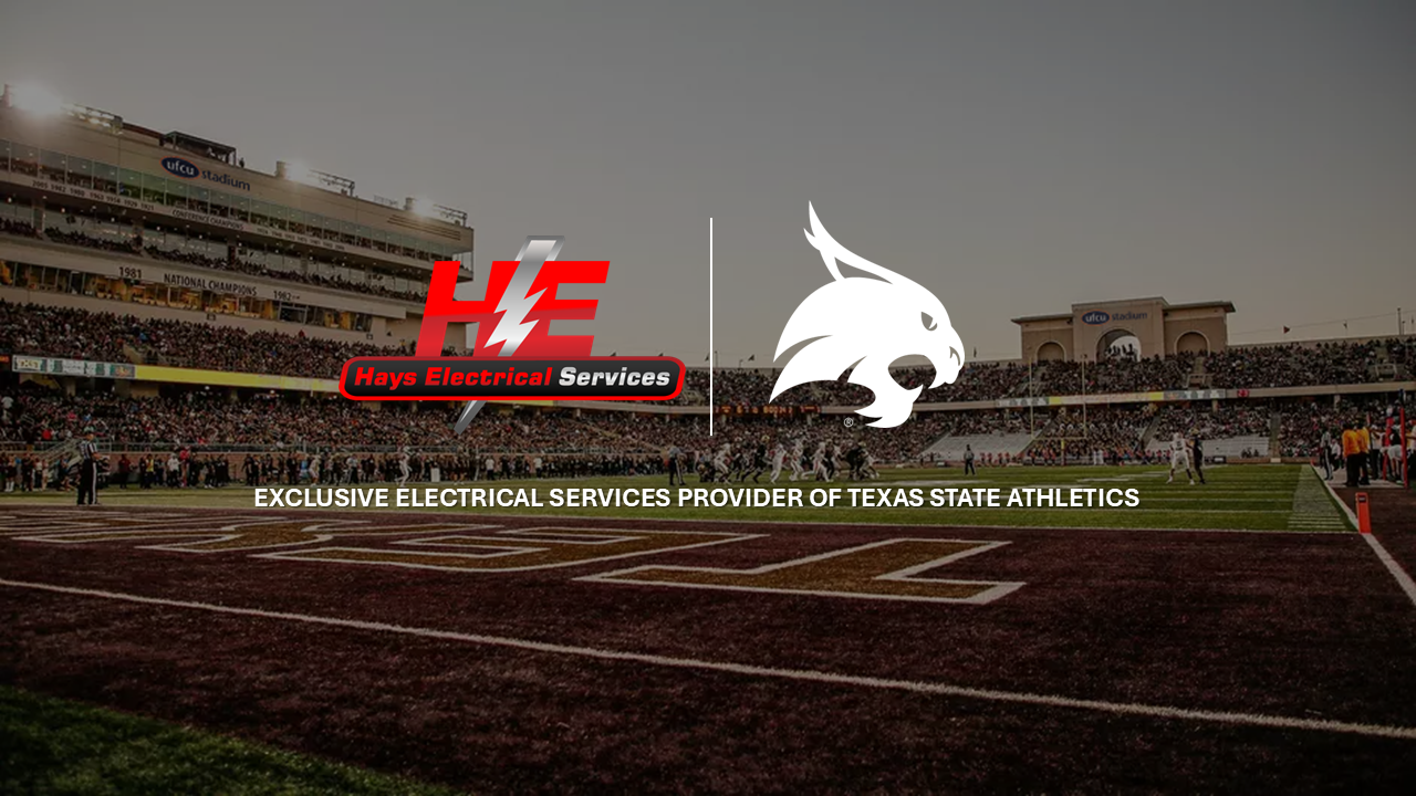 Texas State - Hays Electrical Partnership Logo Lock Up over UFCU Stadium in the background
