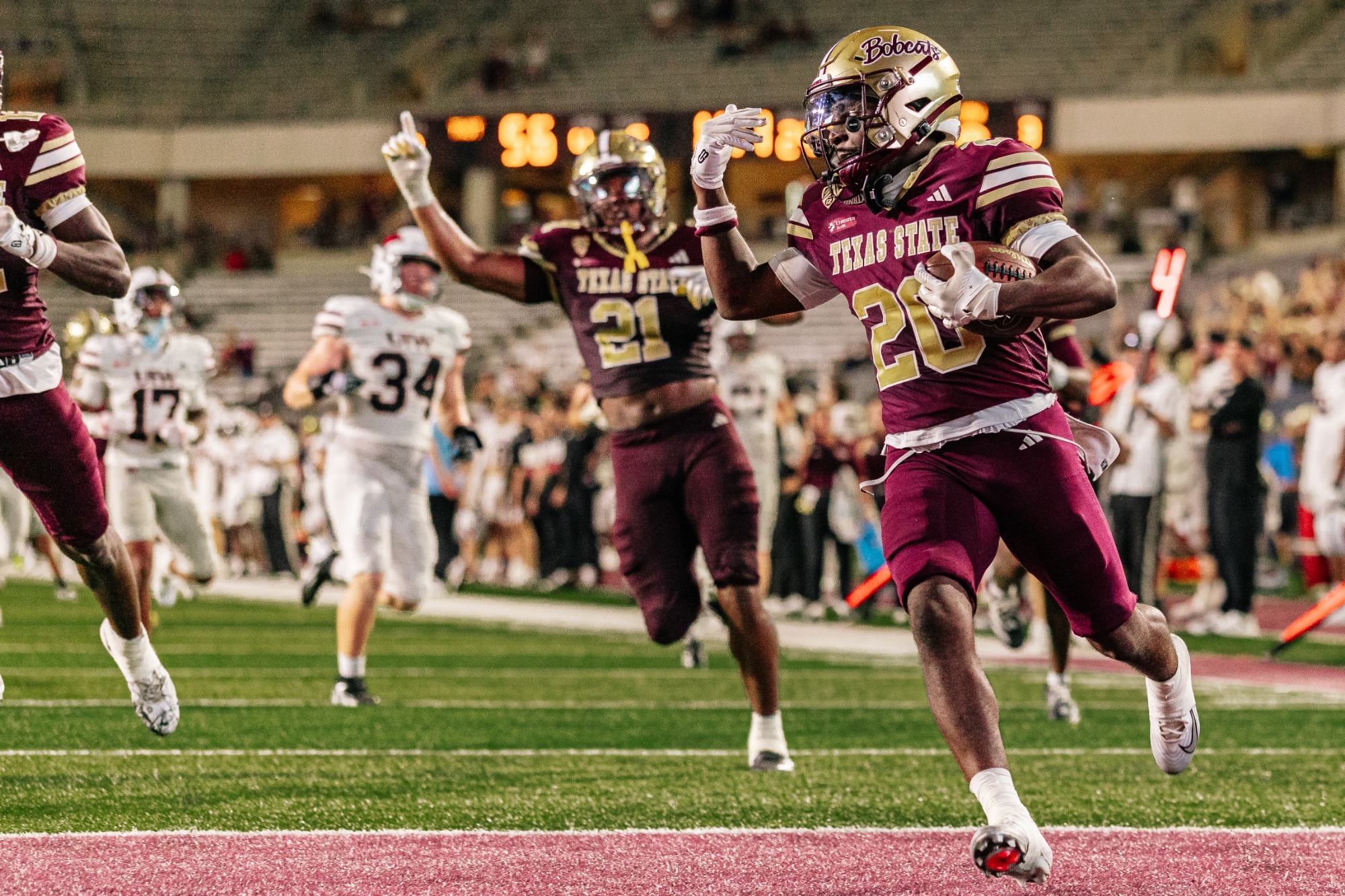 Dameon Crowe celebrates after scoring a punt return touchdown in the Bobcats win over UIW