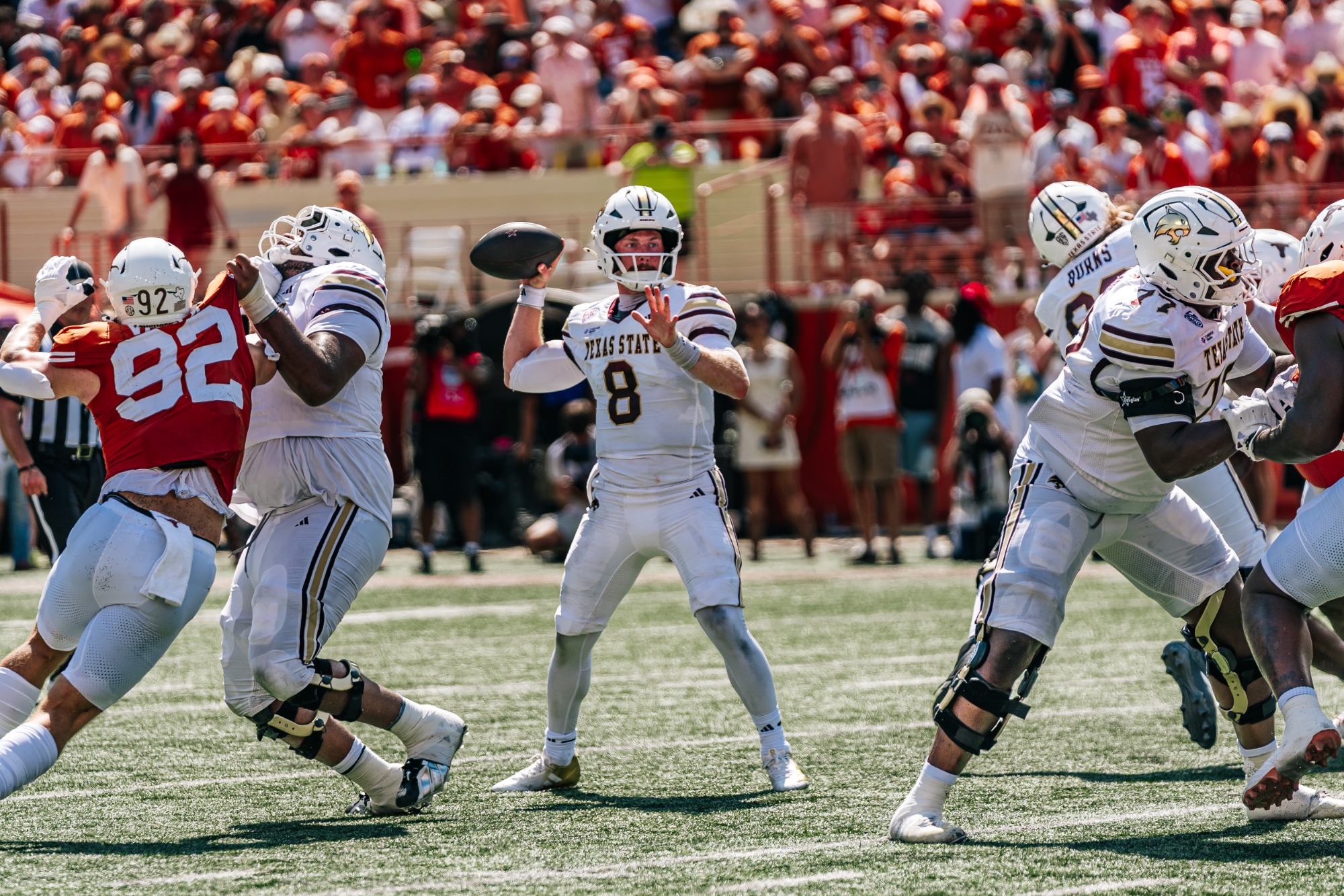 Texas State quarterback Brad Jackson throws a pass against University of Texas on Sept. 5, 2026