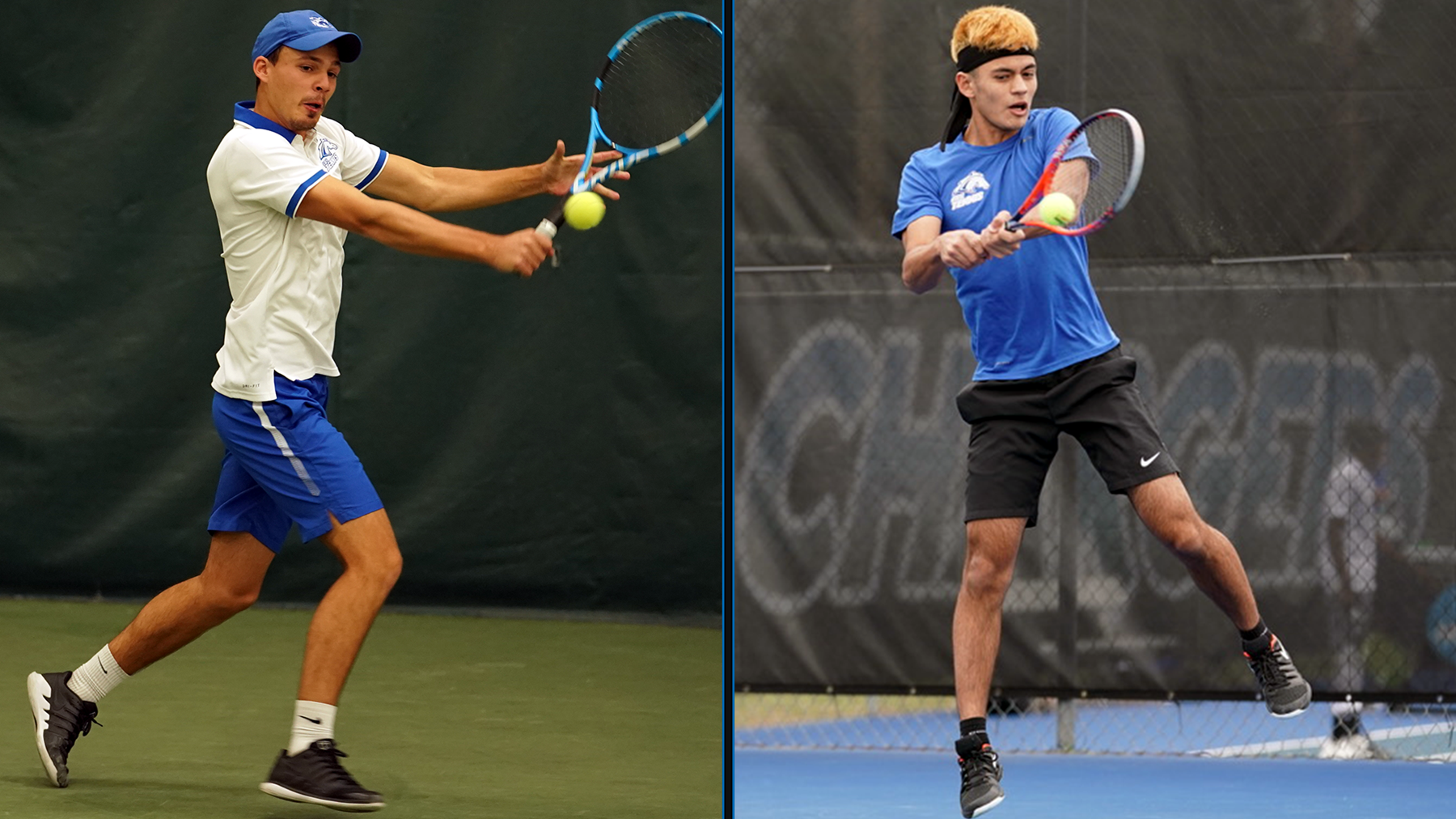 Sebastian Rohrbach is on the left; Aaron Osmond is on the right. They're both playing tennis.