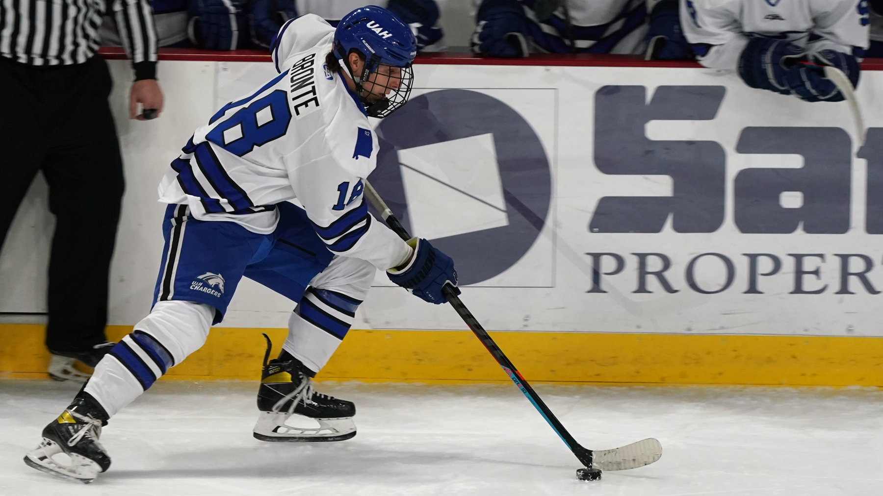Tyrone Bronte skating with the puck in a game at the VBC