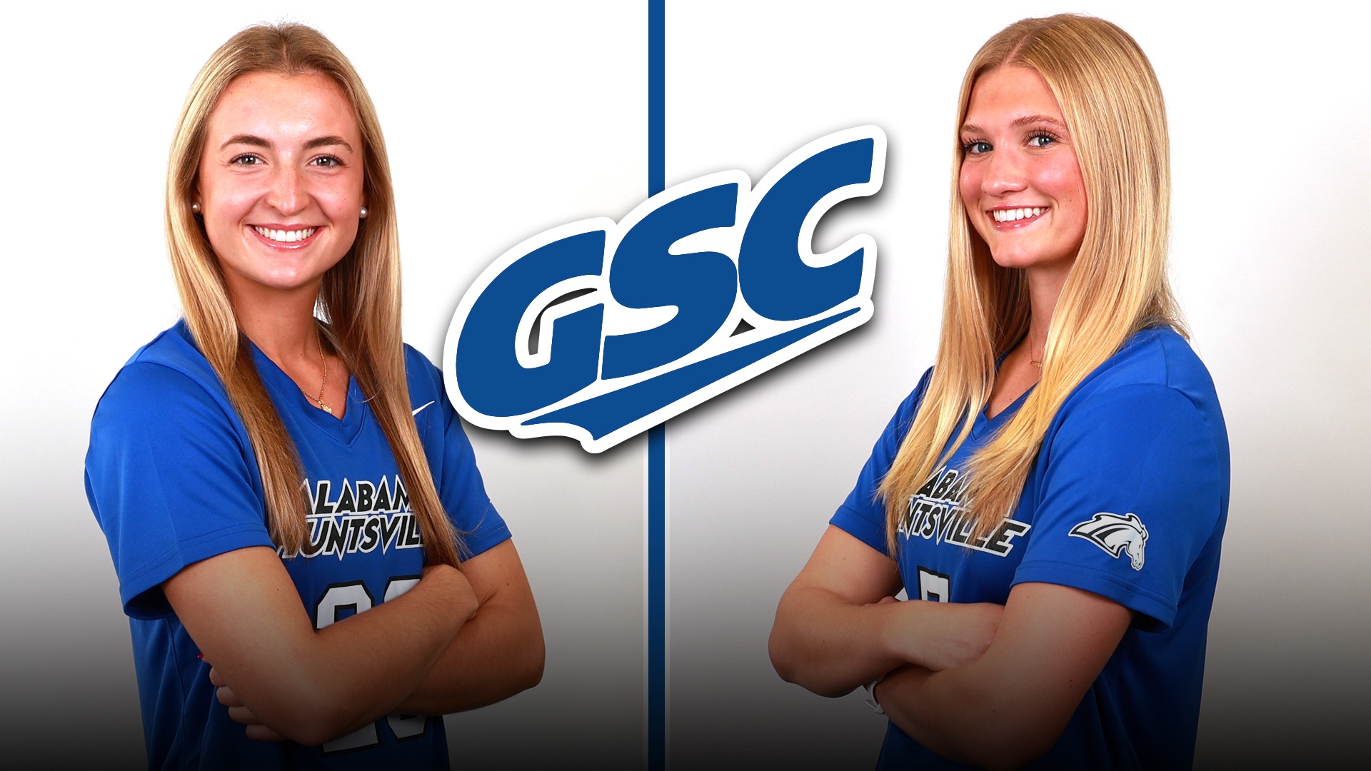 Sarah Cole and Ella Rutherford posed shots side by side with blue GSC logo in the middle