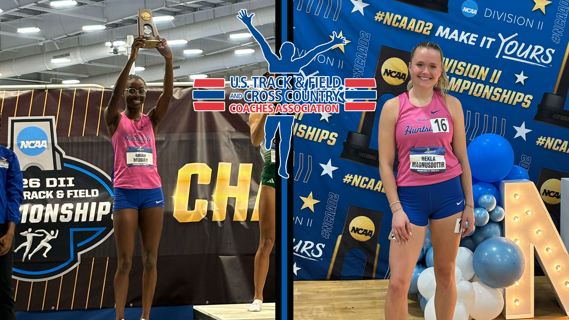 Amiah Murry on a podium with a trophy on the left side, Hekla Magnusdottir posing for a photo on the right side