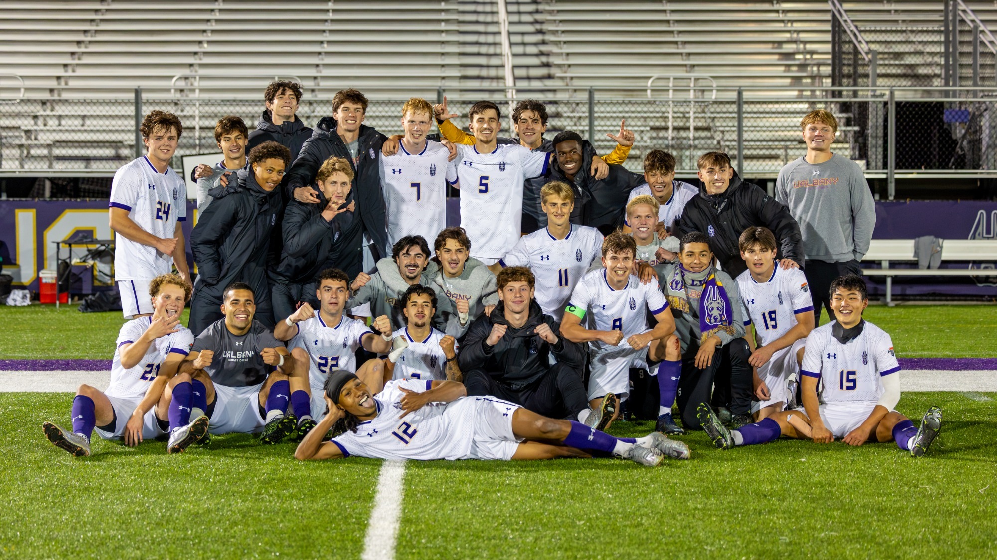 Men's Soccer Celebration after Defeating #12 Vermont Catamounts on Bob Ford Field at Tom and M ary Casey Stadium on October 24, 2026 in Albany, N.Y.