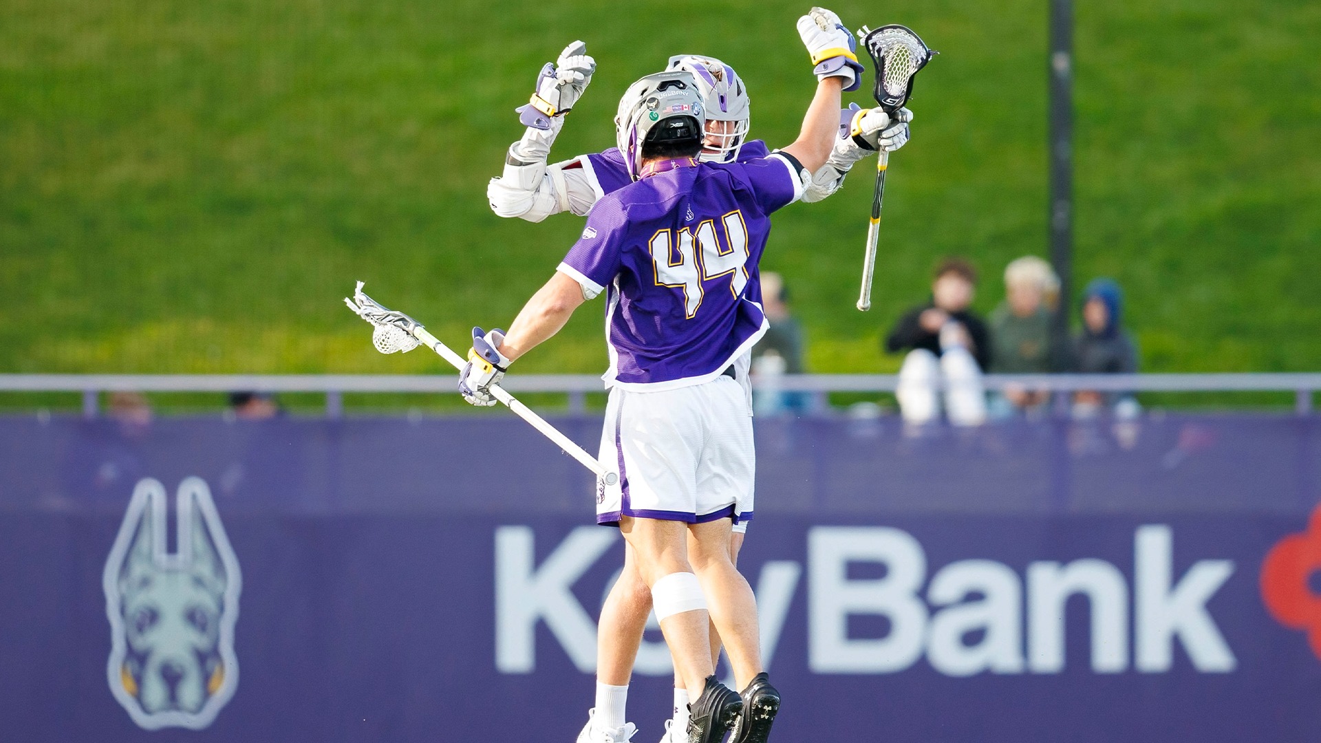 Max Neeson & Silas Richmond celebrate after a goal against Vermont, 2026