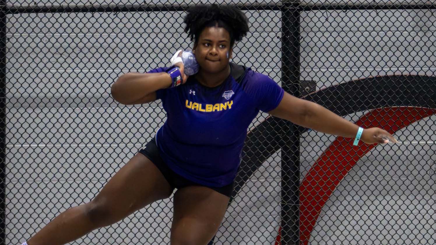 The UAlbany women's track and field team competed in the America East Indoor Championships at the BU Track and Tennis Center in Boston, Massachusetts on Friday and Saturday, February 20-21, 2026. This photo is from day two of competition on Saturday, February 21, 2026.