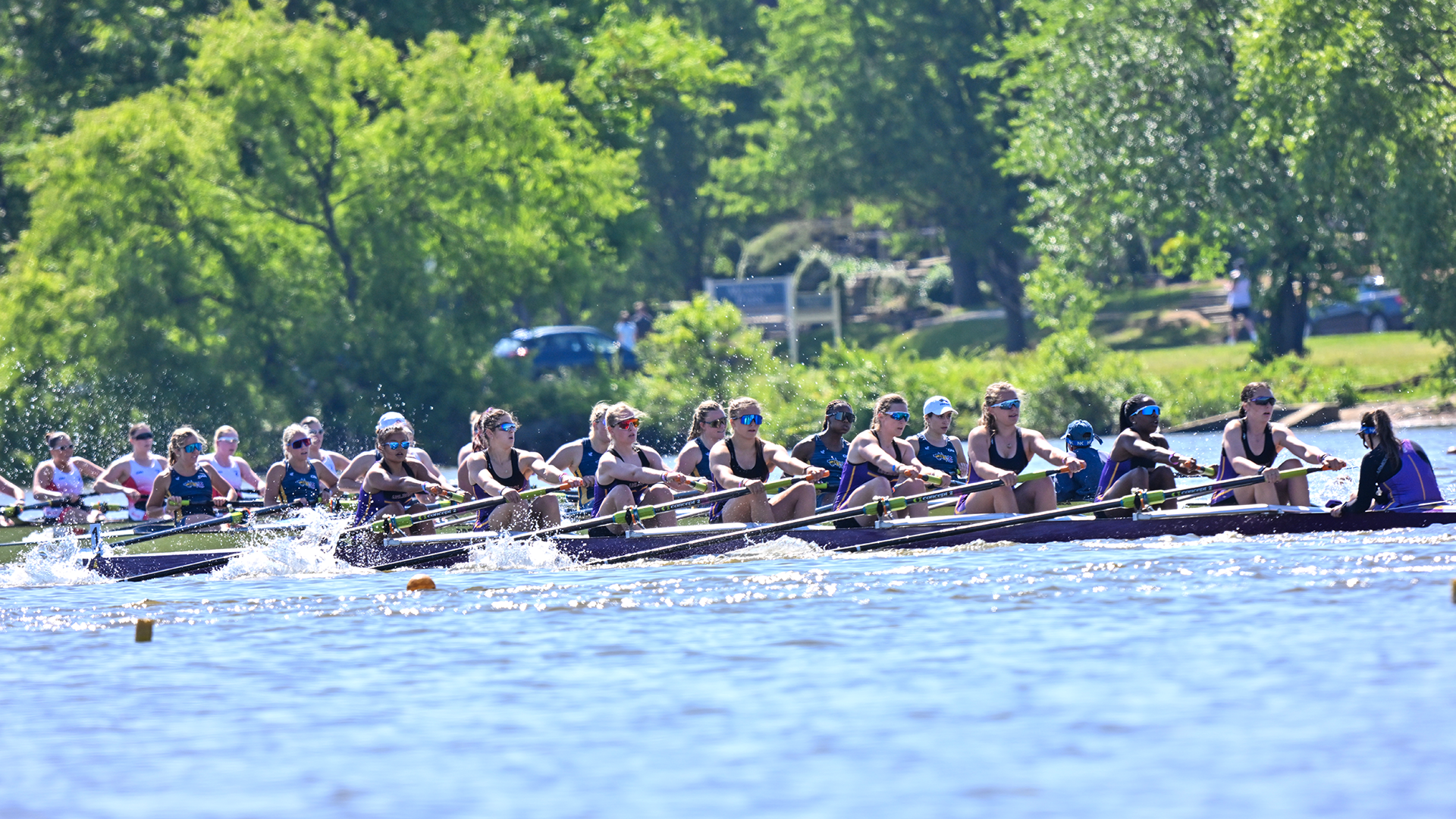 Women's Rowing Varsity 8+ racing at their Innagural CA Championship on the Cooper River in Pennsauken, New Jersey