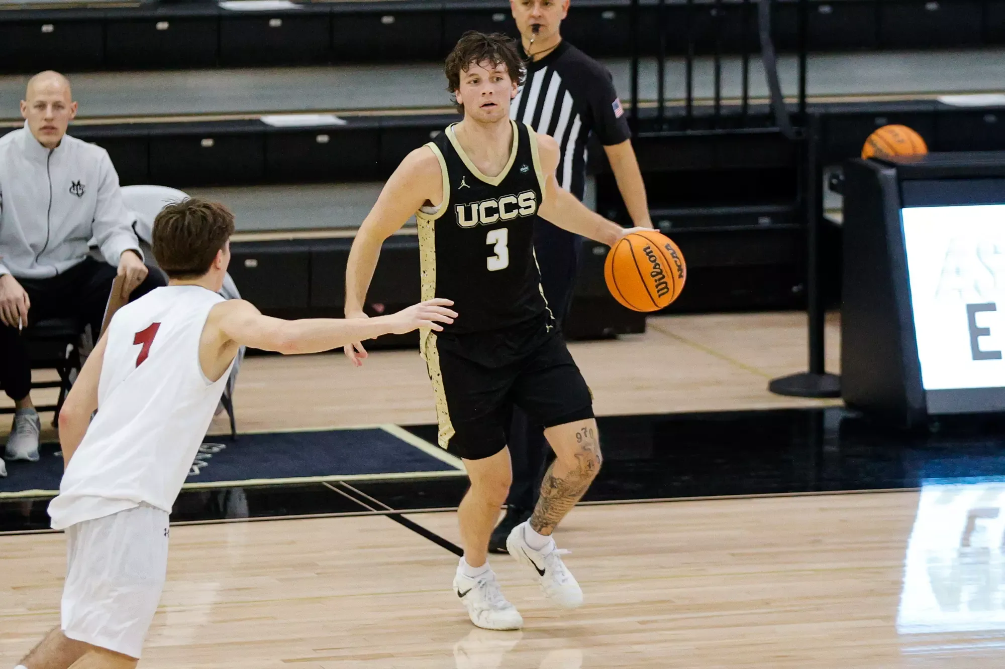 Dec 4, 2025; Colorado Springs, CO, USA; The UCCS Mountain Lions hosted the Colorado Mesa University Mavericks in men’s basketball at Gallogly Events Center. Credit: Isaiah J. Downing