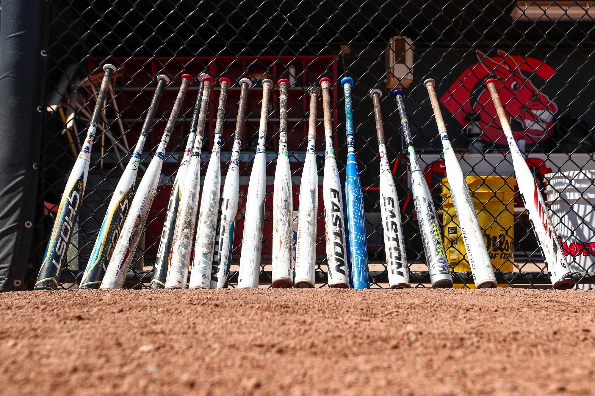 UCM Jennies softball team’s bats prior to an MIAA college softball game against the Northeastern State University (NSU) Riverhawks on Jennies Field at the UCM South Recreation Complex in Warrensburg, Missouri on April 1, 2023.
