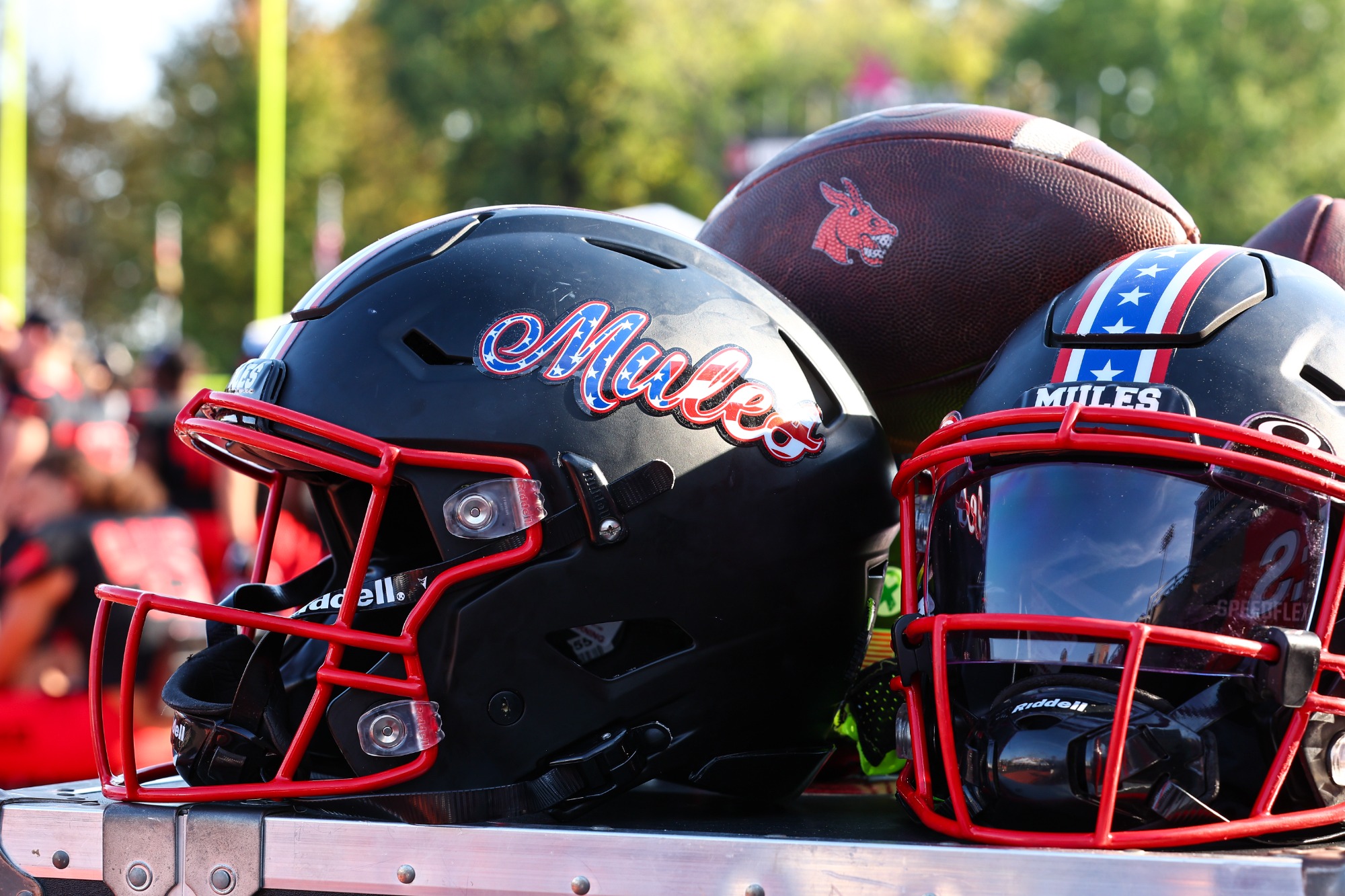 UCM Mules football helmets during an MIAA college football game against the Missouri Western State University (MWSU) Griffons at Walton Stadium/Kennedy Field in Warrensburg, Missouri on October 12, 2024.