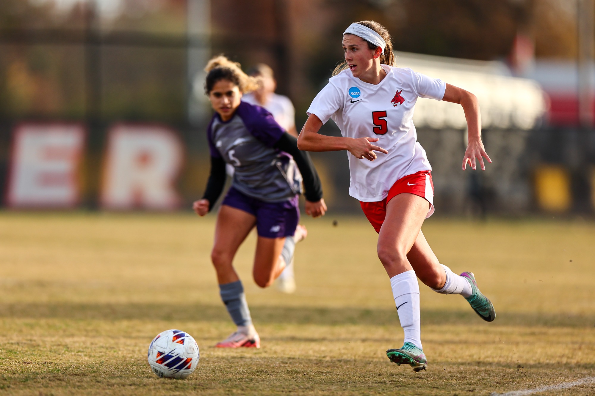 UCM Jennies forward Ashleigh Martin (5) during an NCAA Division II Central Regional first round women’s college soccer game against the Ouachita Baptist Tigers on the Jennies Soccer Field at the UCM South Recreation Complex in Warrensburg, Missouri on November 22, 2024.