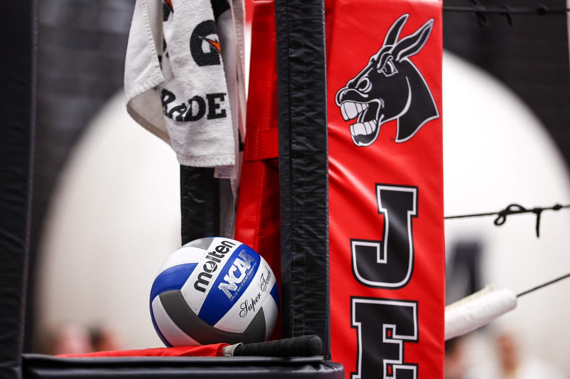 Volleyball on the stand during an MIAA women’s college volleyball match between the University of Central Missouri (UCM) Jennies and the Pittsburg State University (PSU) Gorillas on the Dr. Peggy Martin Court at the Jerry M. Hughes Athletics Center in Warrensburg, Missouri on November 16, 2024.