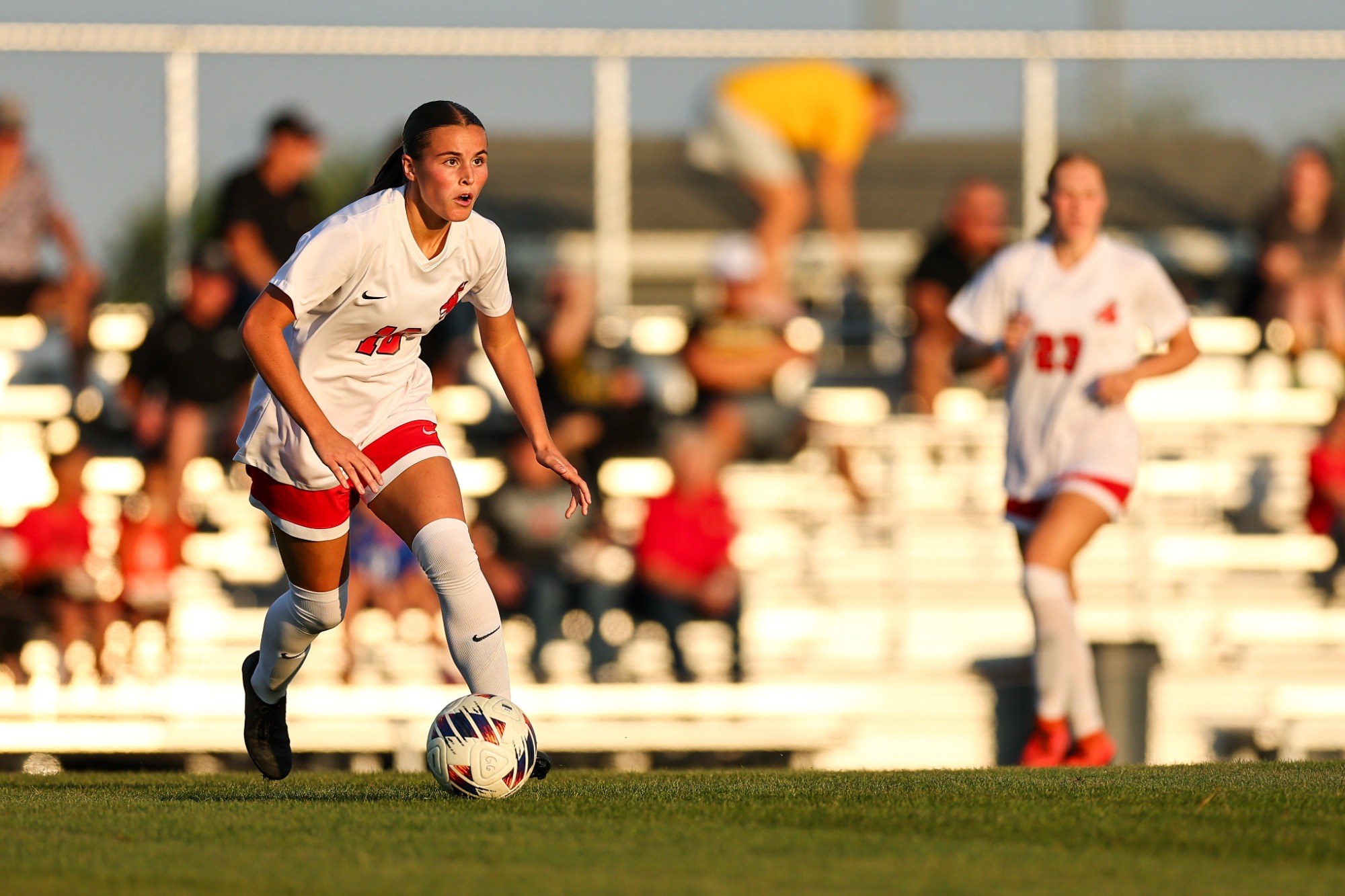 UCM Jennies midfielder Kate Ricker (18) during a MIAA college soccer game against the Fort Hays State University (FHSU) Tigers on the Jennies Soccer Field at the UCM South Recreation Complex in Warrensburg, Missouri on October 3, 2025.