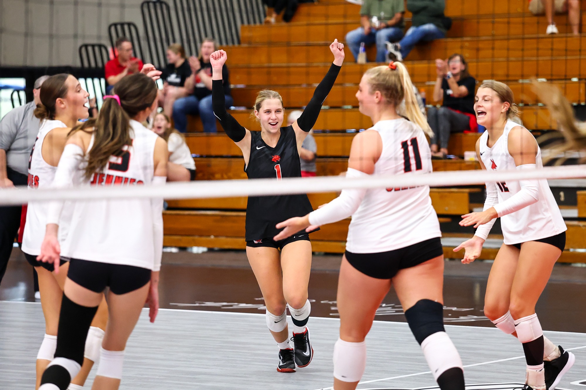 UCM Jennies defensive specialist/libero Grace Winkelmann (1) during a non-conference college volleyball match against the Ouachita Baptist University (OBU) Tigers on the Dr. Peggy Martin Court at the Jerry M. Hughes Athletics Center in Warrensburg, Missouri on September 19, 2025.