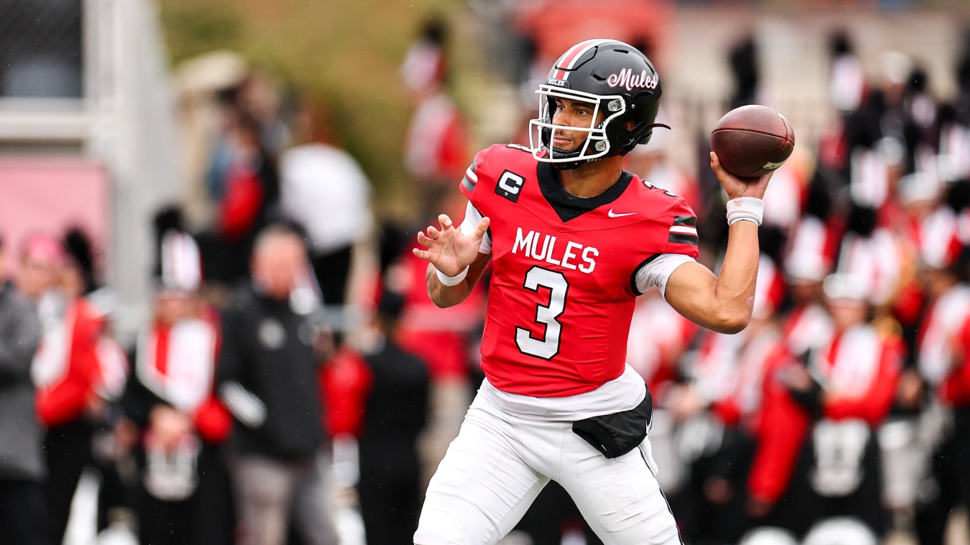 UCM Mules quarterback Donovyn Omolo (3) during a MIAA college football game against the Emporia State University (ESU) Hornets at Walton Stadium/Kennedy Field on October 25, 2025 in Warrensburg, Missouri.