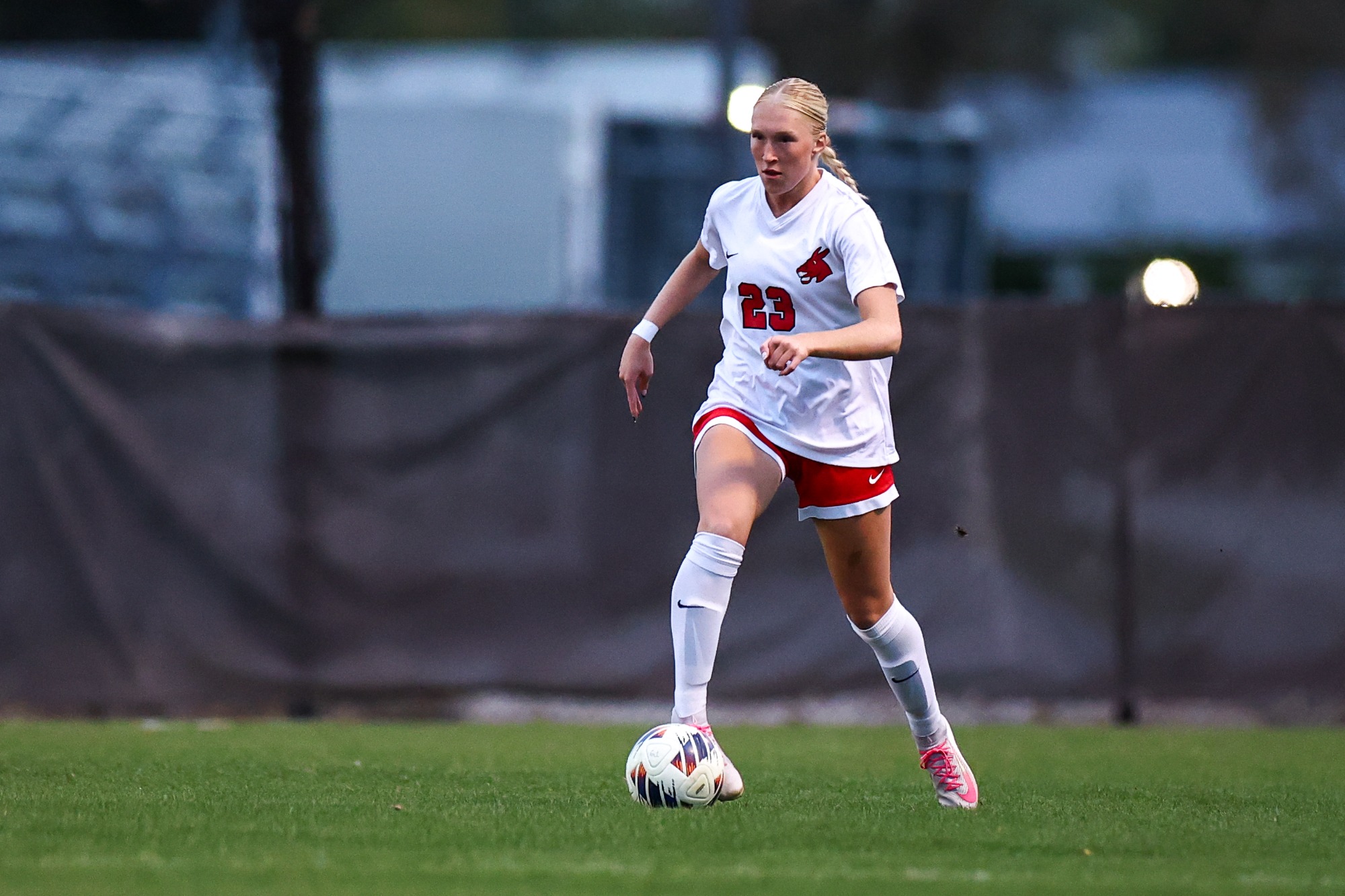 UCM Jennies defender Mackenzie Smith (23) during a MIAA college soccer game against the Missouri Southern State University (MSSU) Lions  on the Jennies Soccer Field at the UCM South Recreation Complex in Warrensburg, Missouri on October 31, 2025.
