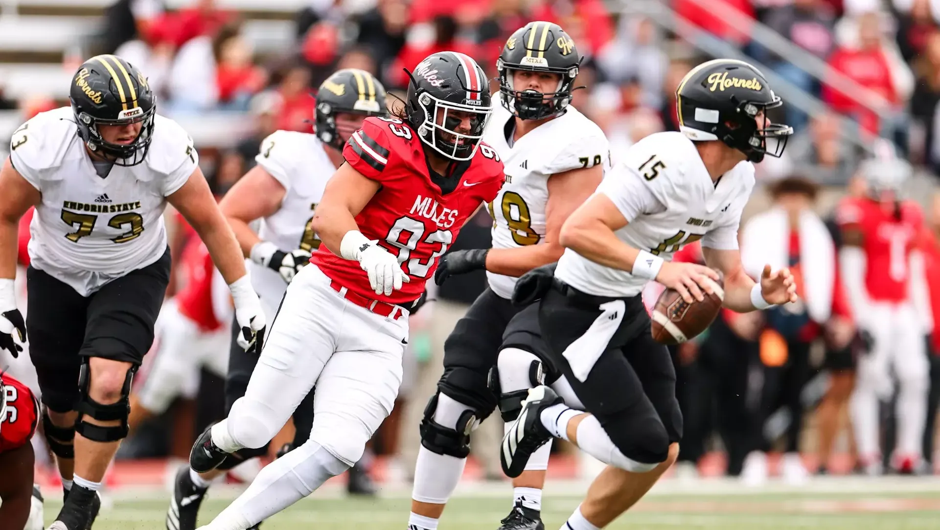 UCM Mules defensive lineman Kyan Franklin (93) during a MIAA college football game against the Emporia State University (ESU) Hornets at Walton Stadium/Kennedy Field on October 25, 2025 in Warrensburg, Missouri.