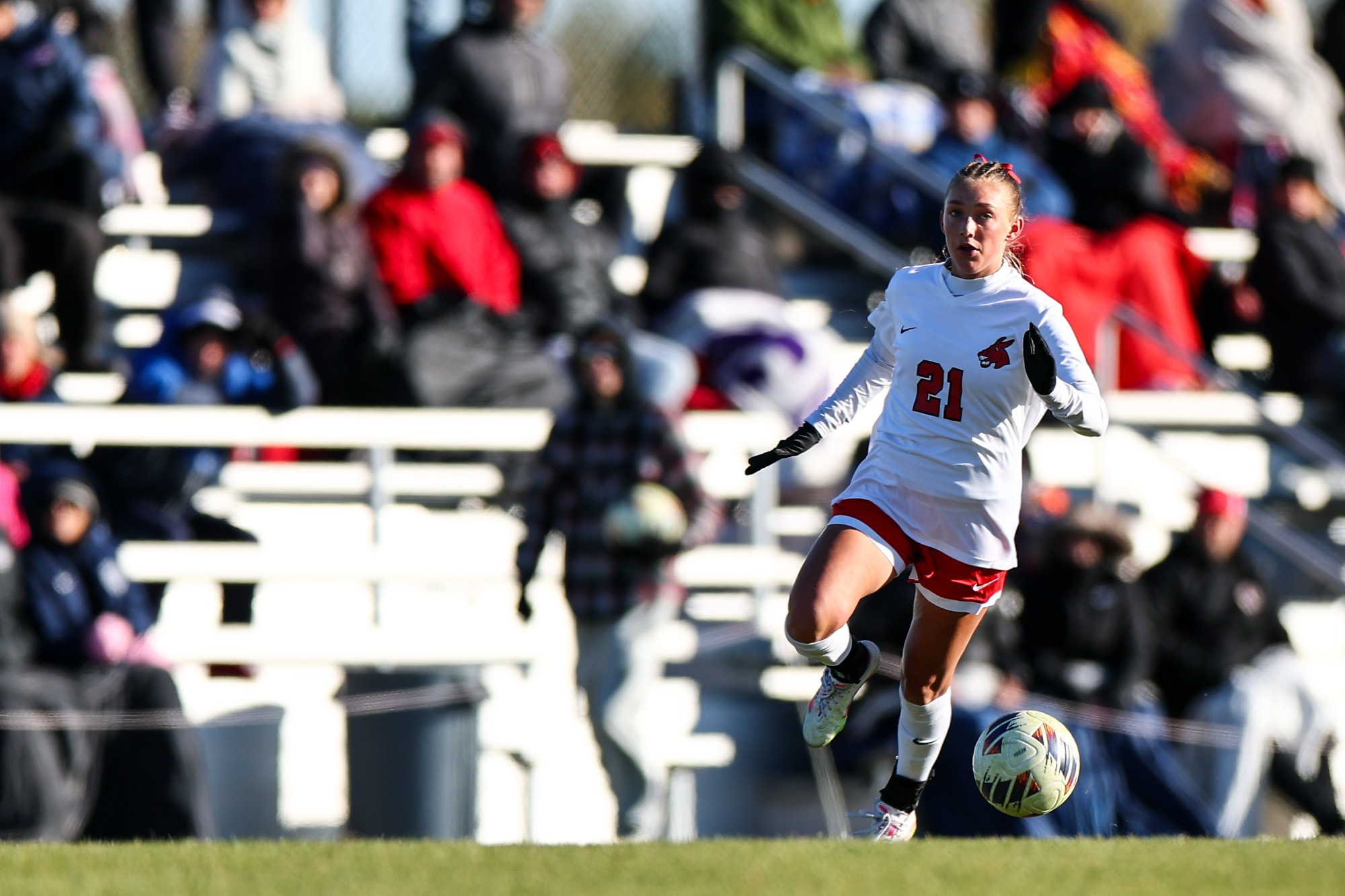 UCM Jennies midfielder Coryn Jespersen (21) during the MIAA Soccer Tournament quarterfinal game against the University of Central Oklahoma (UCO) Bronchos on the Jennies Soccer Field at the UCM South Recreation Complex in Warrensburg, Missouri on November 9, 2025.
