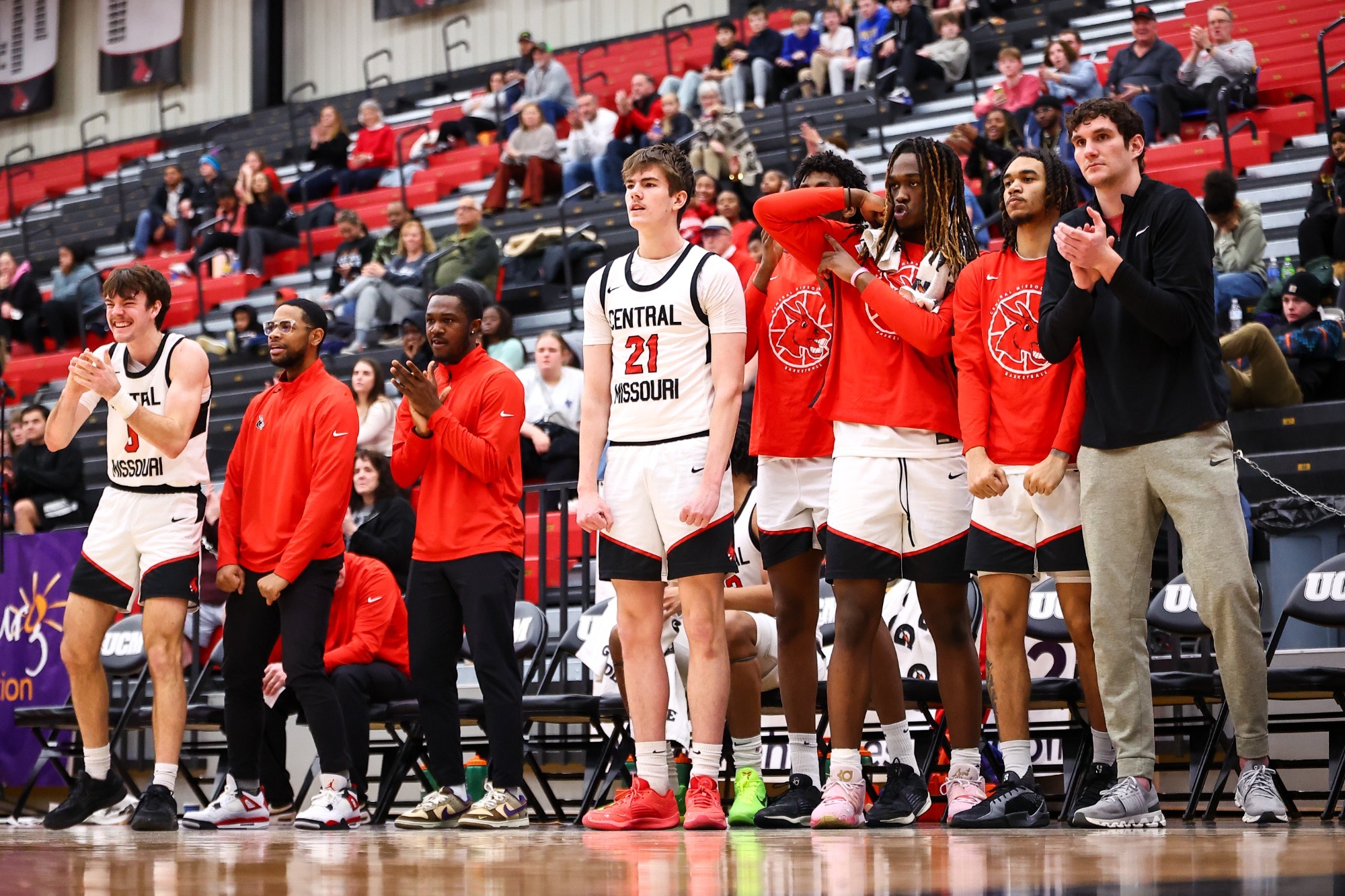 UCM Mules basketball team during a MIAA men’s college basketball game against the Rogers State University (RSU) Hillcats at the Jerry M. Hughes Athletics Center in Warrensburg, Missouri on February 20, 2025.