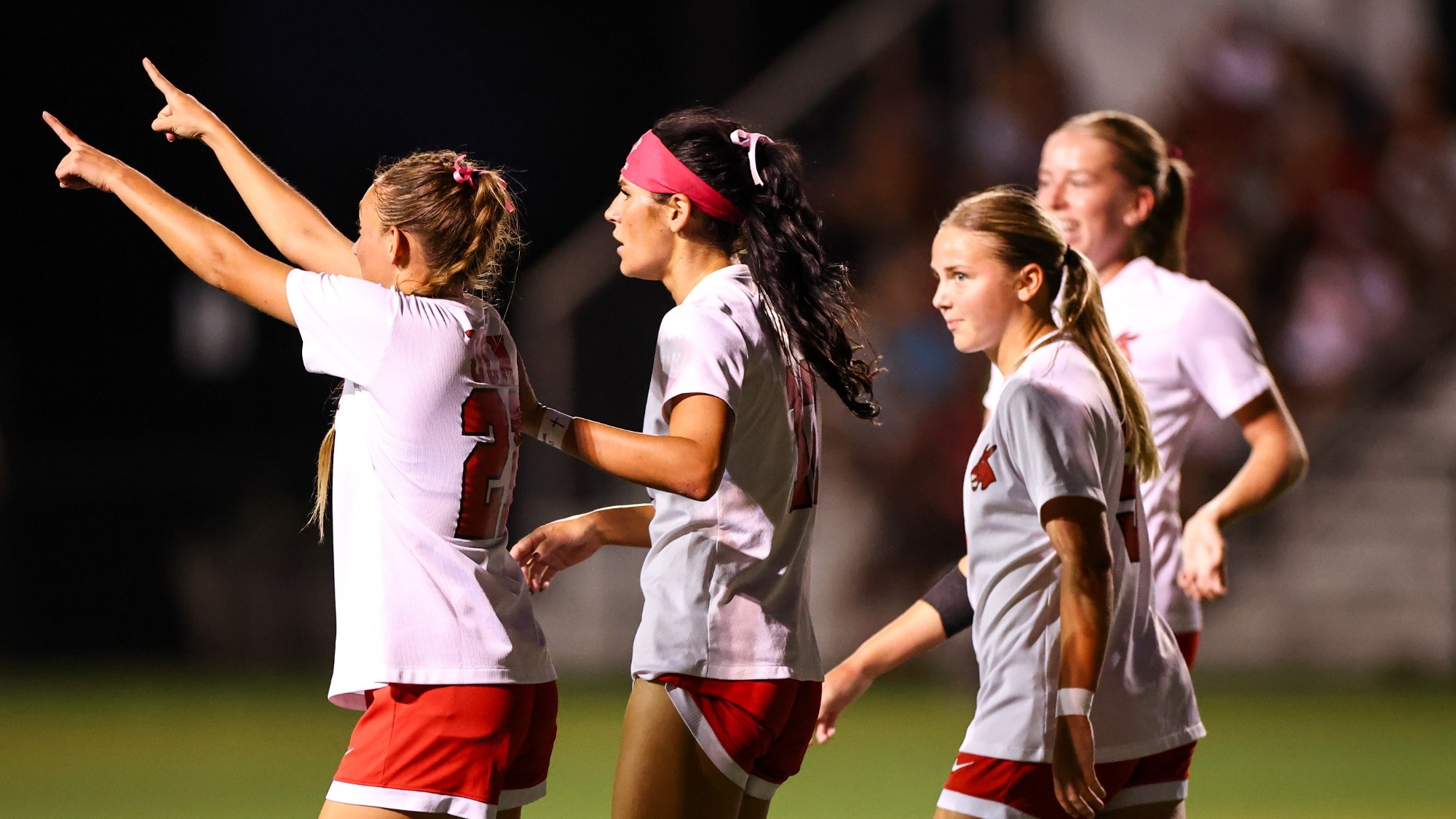 Coryn Jespersen (21), Mikayla Ernst (12), and Kylie Richadson (5) vs. Central Oklahoma on October 9, 2026 in Warrensburg, Missouri