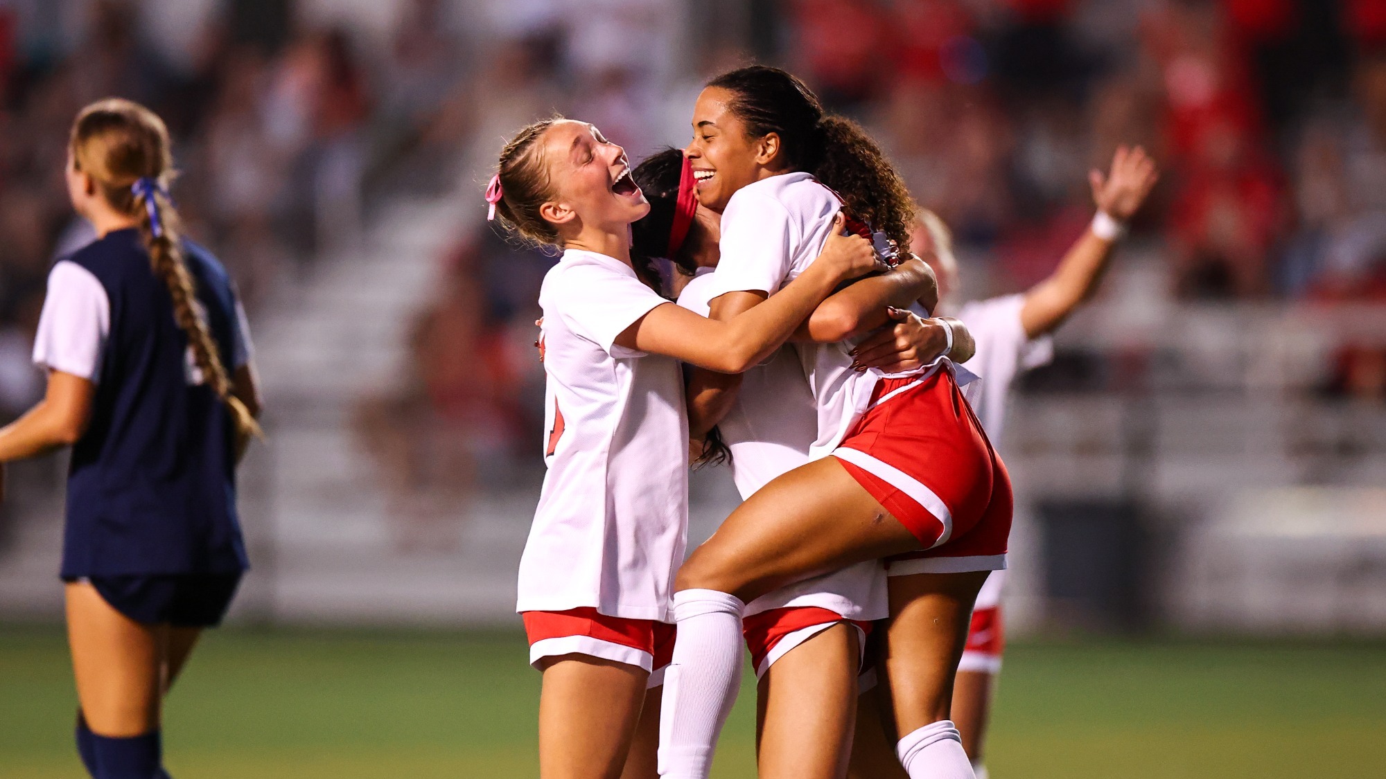 Coryn Jespersen (21), Hadley Lockhart (13), and Mikayla Ernst (12) goal celebration vs. Central Oklahoma on Friday, Oct. 3, 2026 in Warrensburg, Missouri