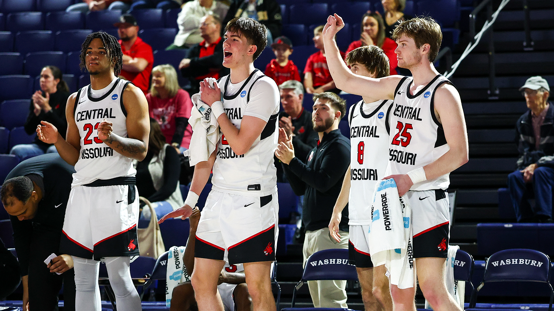 Mules Basketball bench celebration during NCAA-II Central Regional Opening Round vs Rogers State