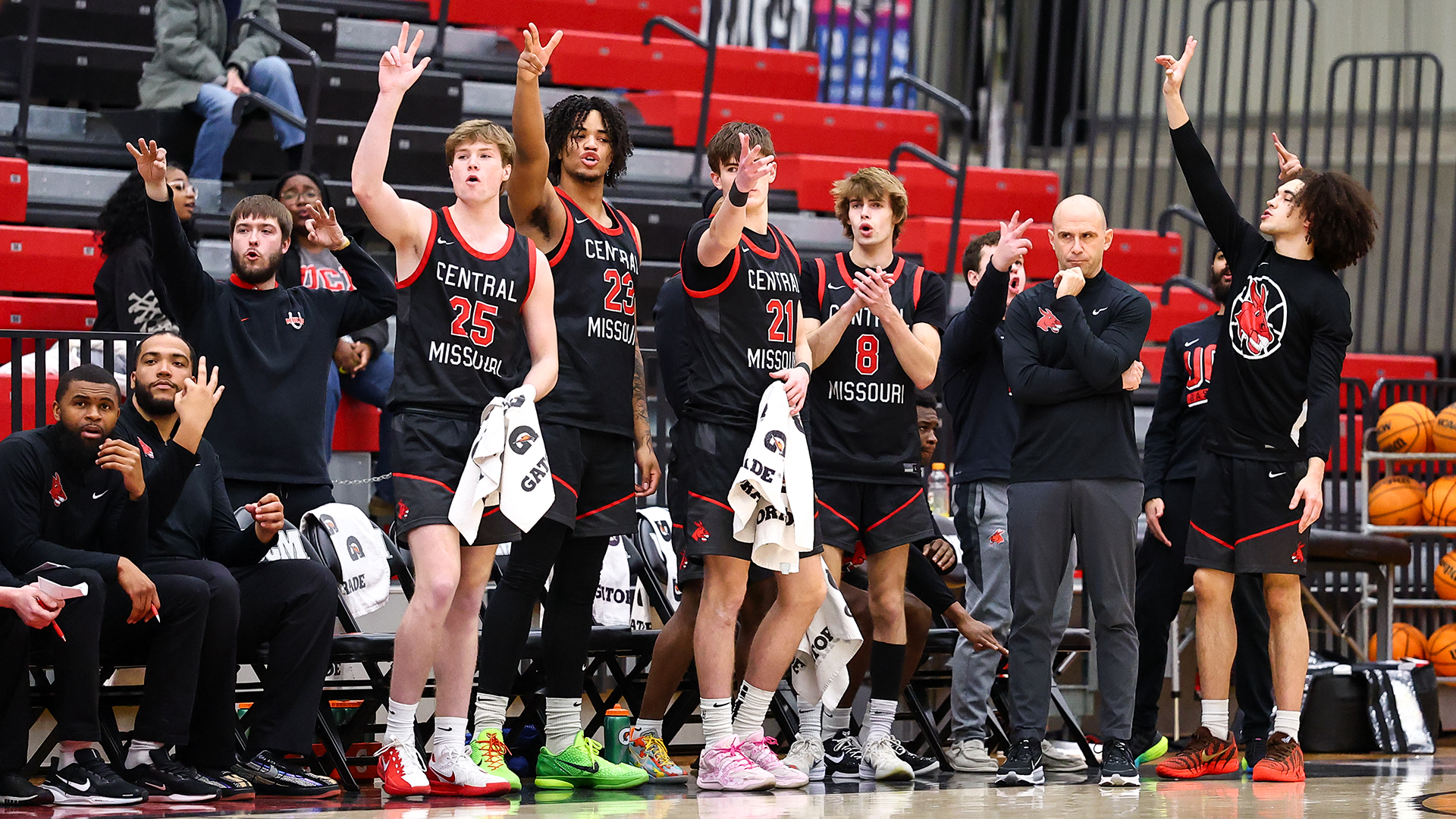 Mules Basketball bench celebration vs Northwest Missouri