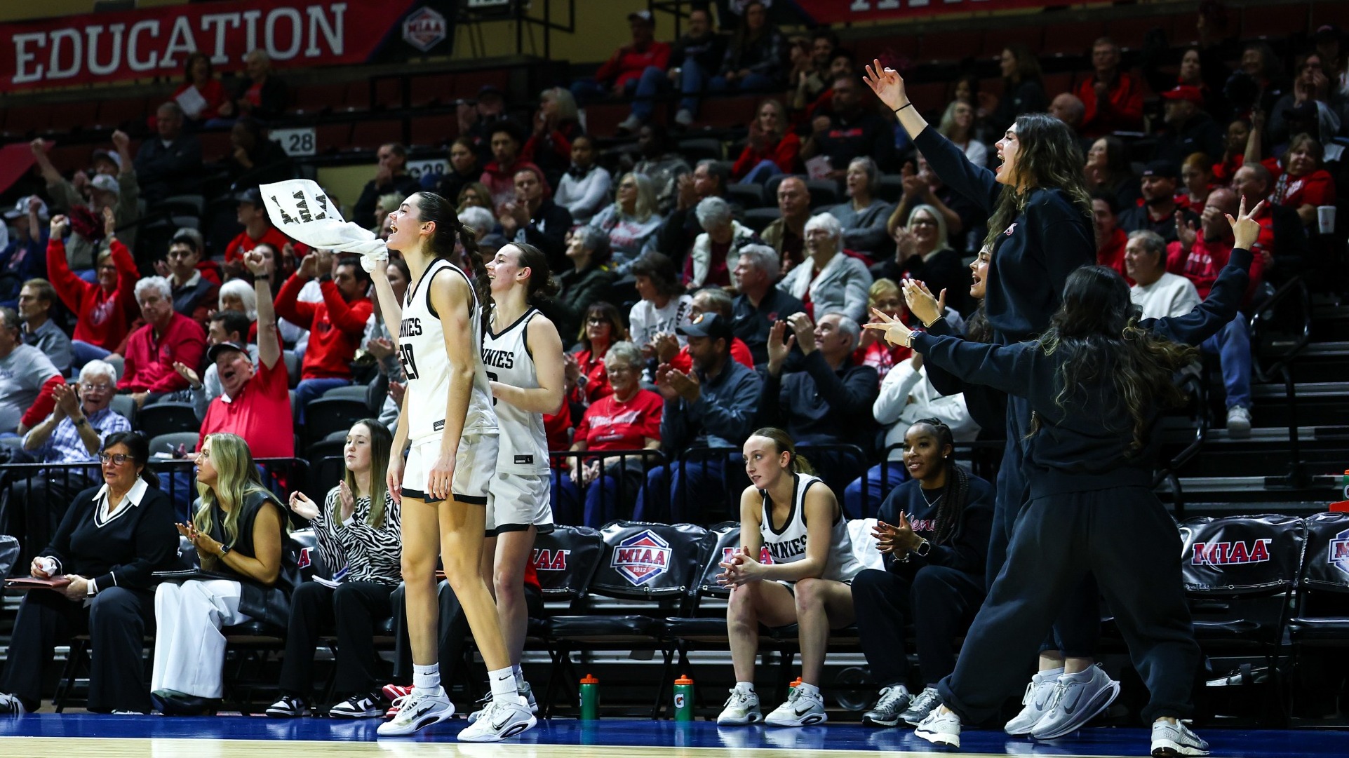 Jennies Bench Celebration vs. Emporia State in MIAA Tournament Quarterfinals