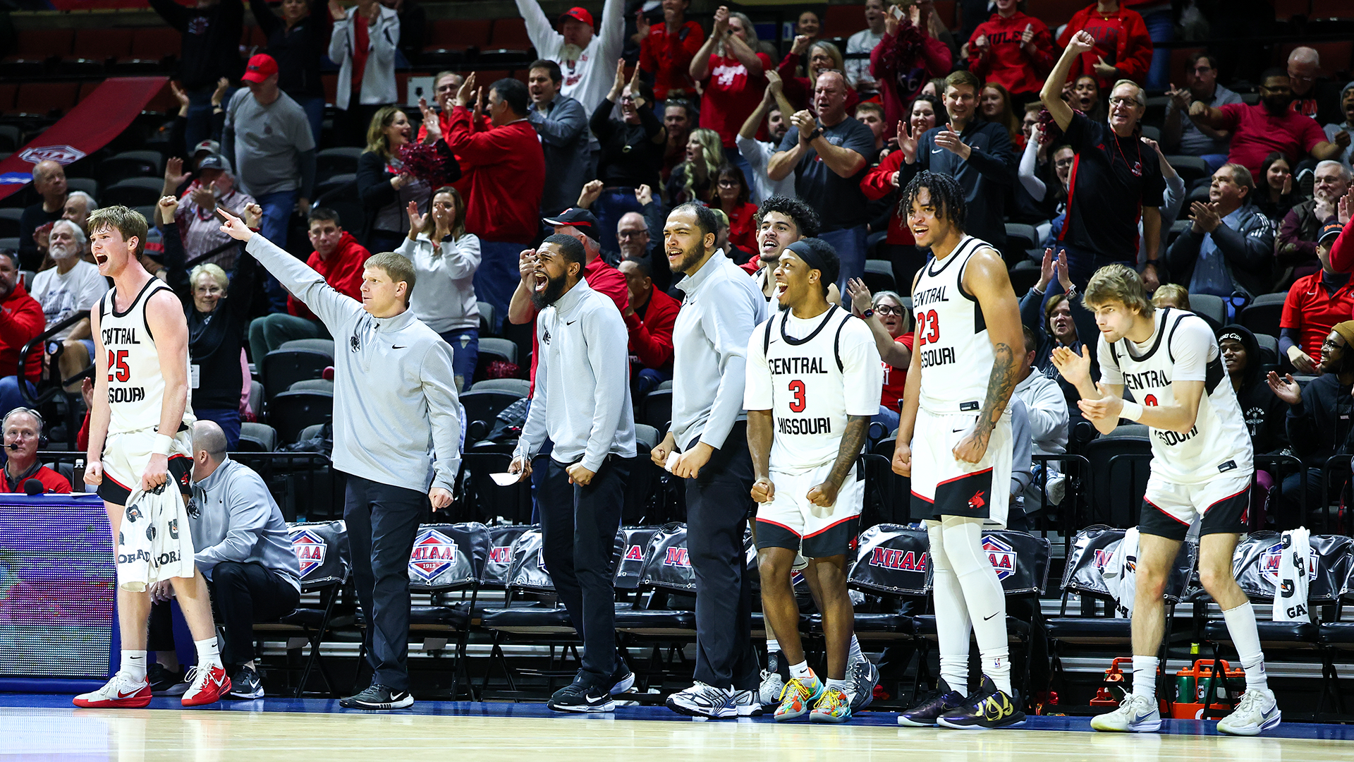 Mules Basketball bench celebration at 2026 MIAA Championships vs Missouri Southern