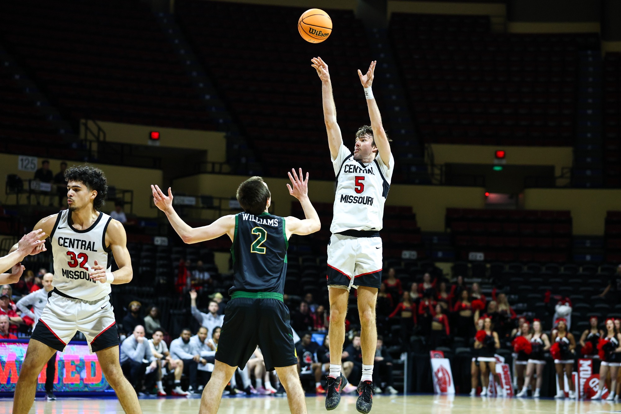 UCM Mules guard Jake Fritz (5) during a quarterfinal game of the MIAA Men’s Basketball Championship Tournament against the Missouri Southern State University (MSSU) Lions at Municipal Auditorium in Kansas City, Missouri on March 5, 2026.