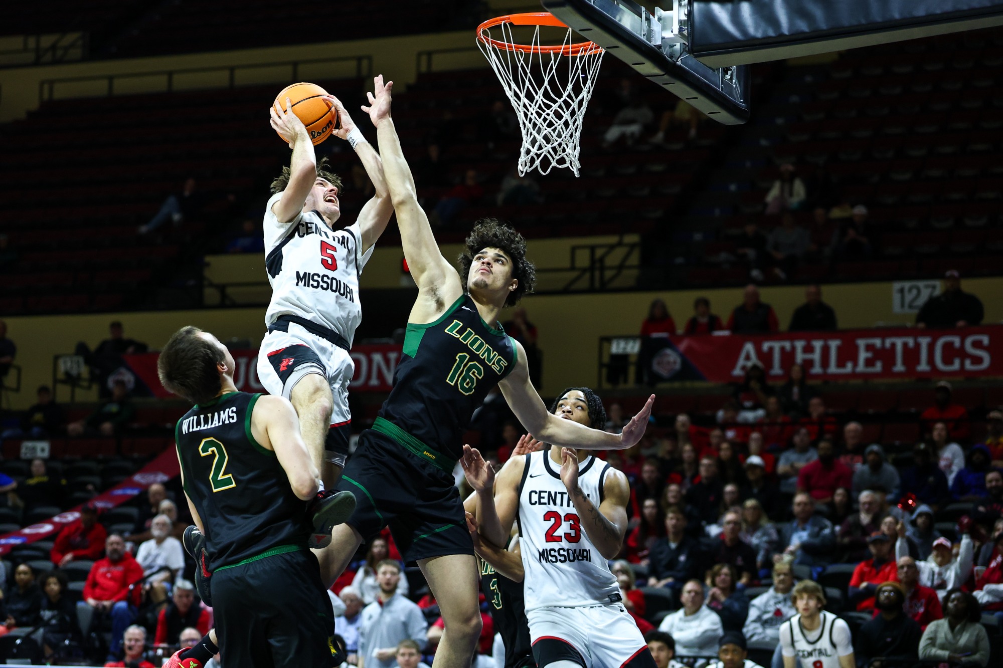 UCM Mules guard Jake Fritz (5) during a quarterfinal game of the MIAA Men’s Basketball Championship Tournament against the Missouri Southern State University (MSSU) Lions at Municipal Auditorium in Kansas City, Missouri on March 5, 2026.