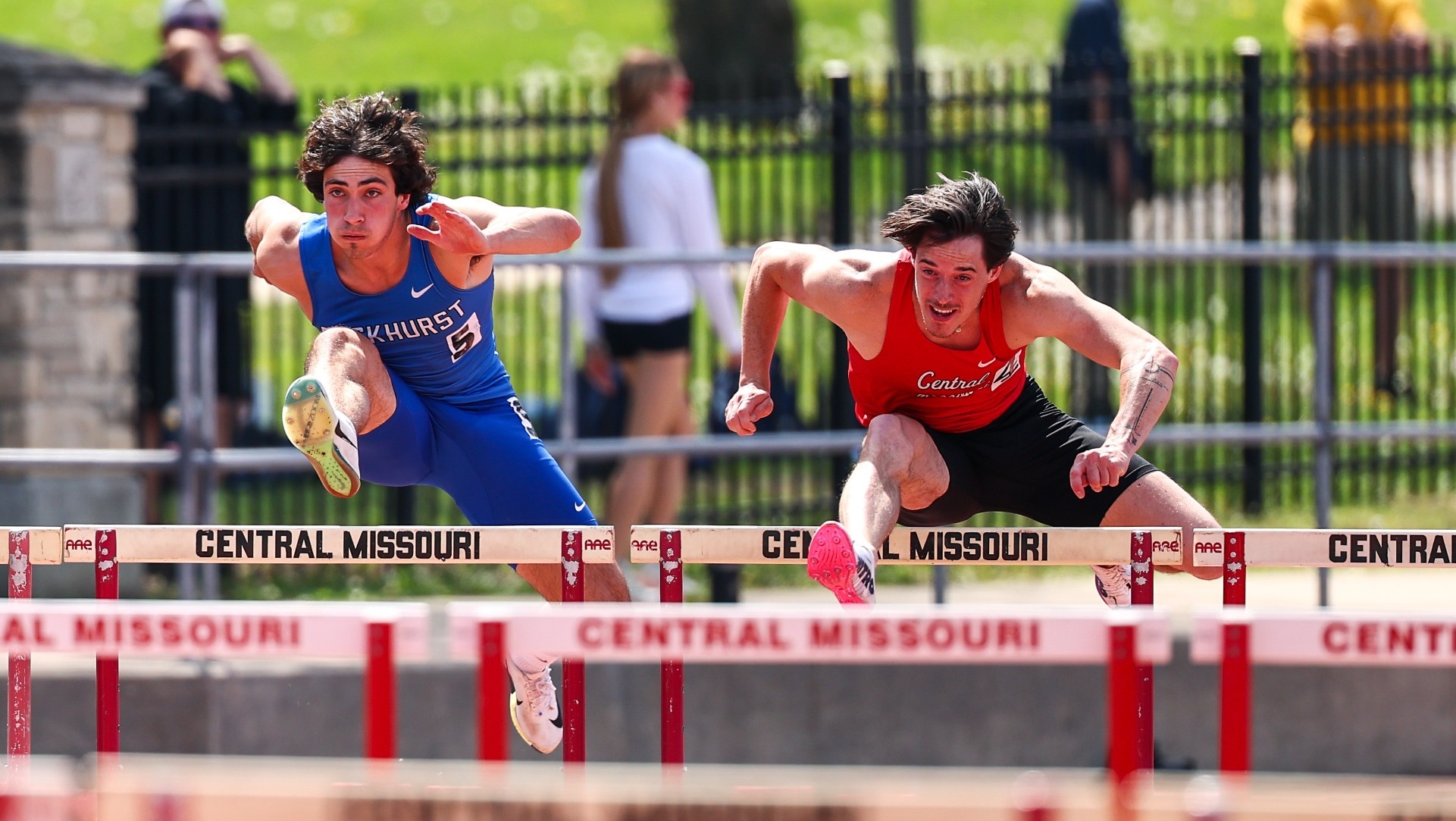 Nolan Vancauwemberghe in the 110m hurdles at the Kip and Kirk Outdoor Mule Relays Thursday, April 9, in Warrensburg, Mo.