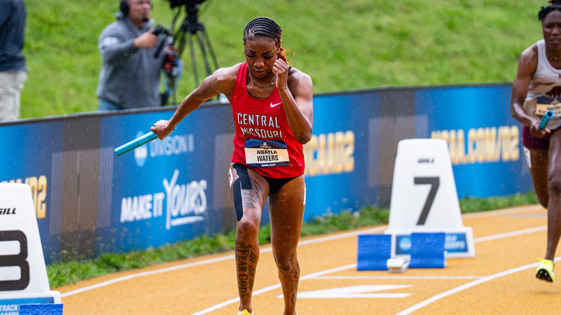 Anayla Waters in the women's 4x100m relay prelims at the 2026 NCAA-II Outdoor Championships in Emporia, Kansas