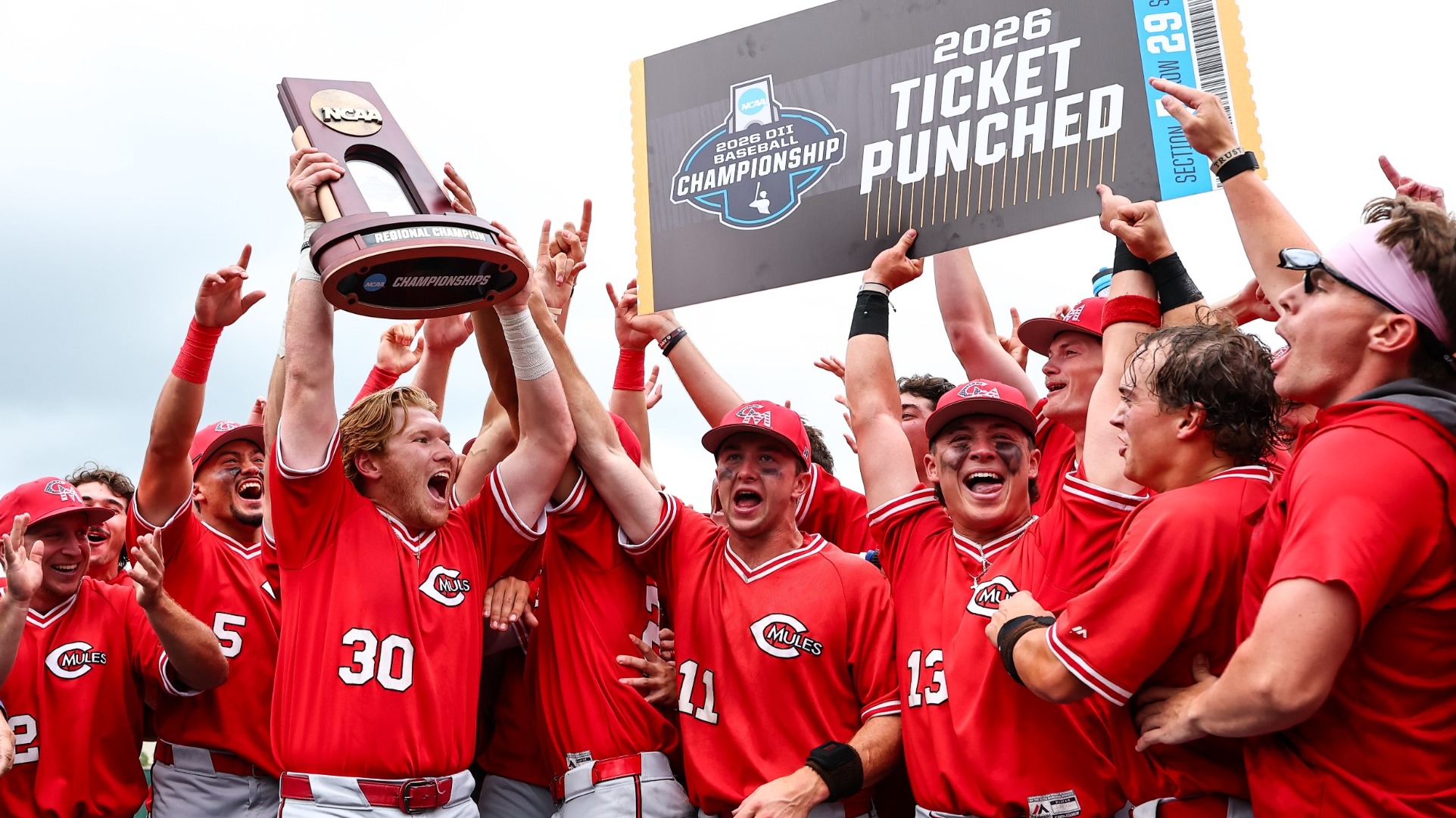 Mules Baseball celebration in the NCAA-II Super Regional vs. Augustana (S.D.) on Friday, May 22, in Warrensburg, Missouri