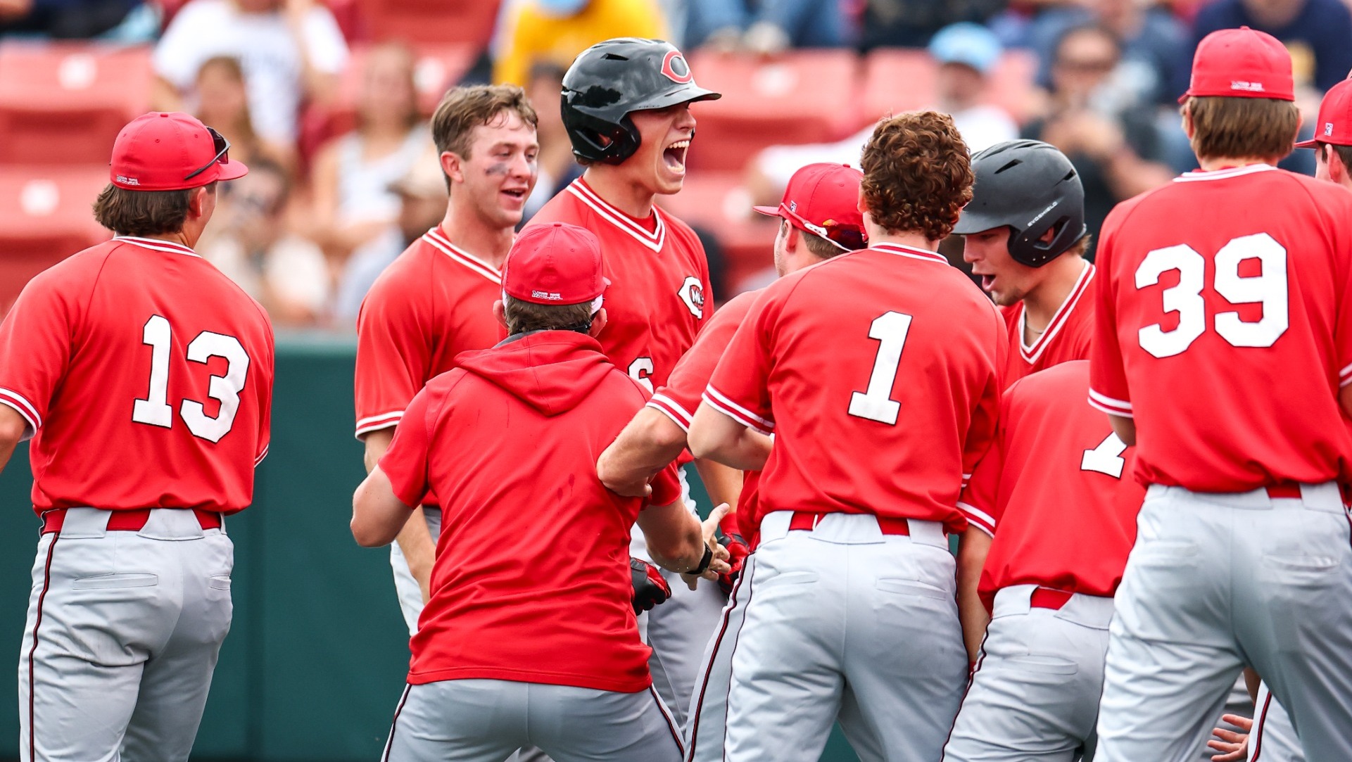 Mules Baseball home run celebration vs. Augustana (S.D.) in NCAA-II Super Regionals on Friday, May 22, 2026 in Warrensburg, Missouri