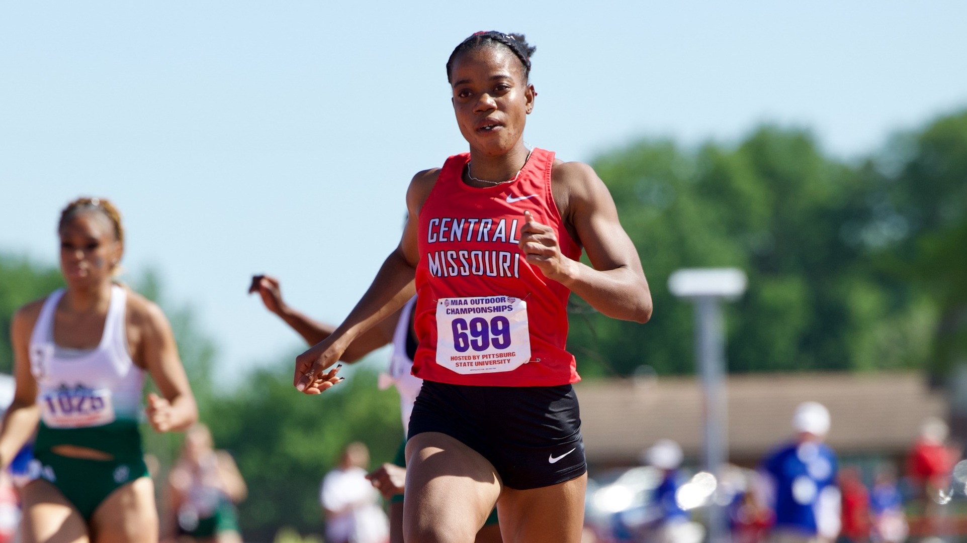Grizell Scarlett in the women's 100m dash final at the 2026 MIAA Outdoor Championships on Sunday, May 3, in Pittsburg, Kan.