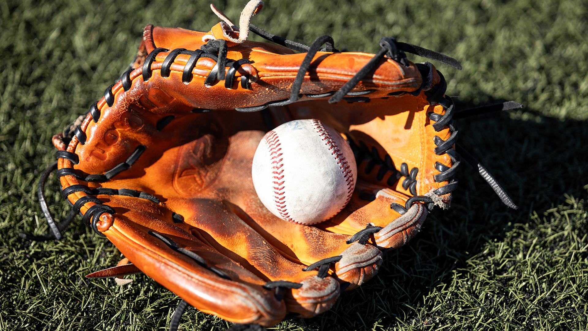 Baseball in glove on turf field