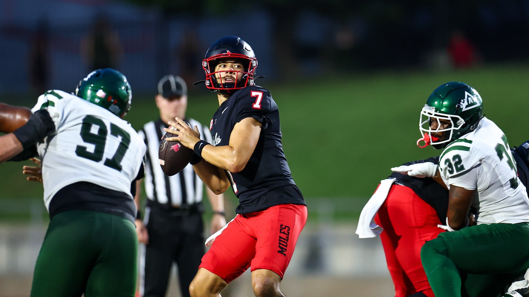 Mules Football Quarterback Jordan Pachot (7) vs. Delta State on September 12, 2026, in Warrensburg