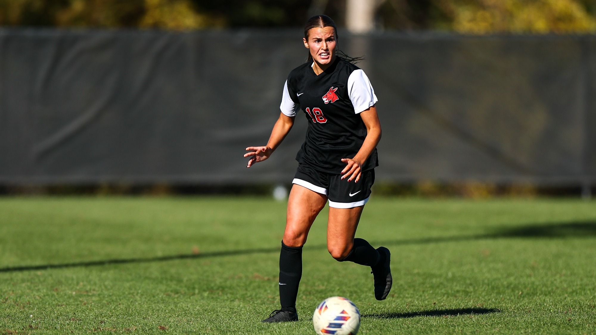 UCM Jennies midfielder Kate Ricker (18) during a MIAA college soccer game against the Pittsburg State University (PSU) Gorillas on the Jennies Soccer Field at the UCM South Recreation Complex in Warrensburg, Missouri on October 2, 2025.