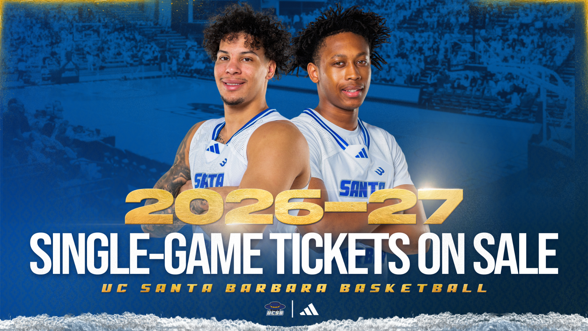 Single-Game Tickets on Sale Now for UC Santa Barbara Baksetball with portraits of Miro Little and CJ Shaw.