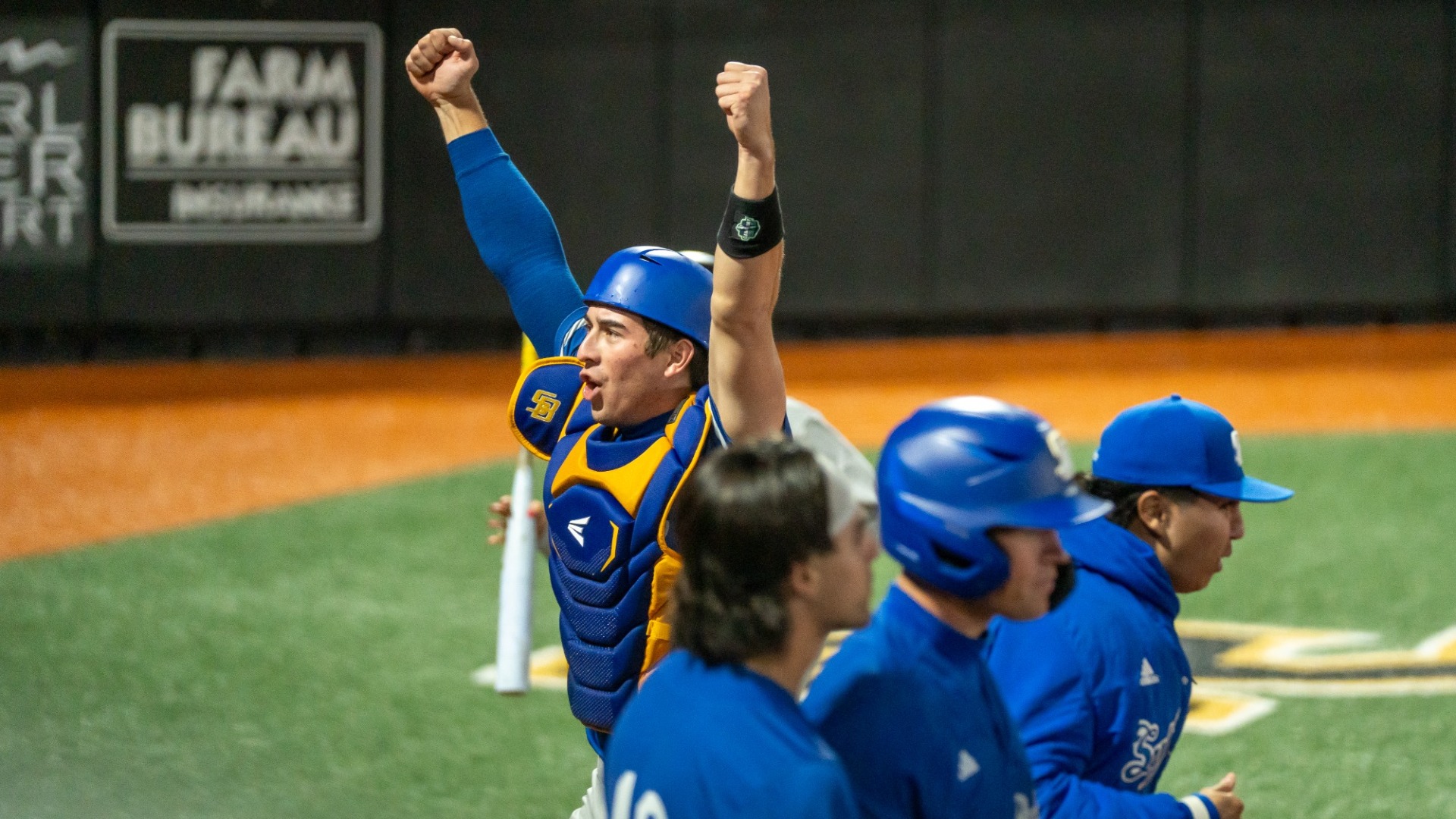 Nate Vargas celebrates a Gauchos run at Southern Miss
