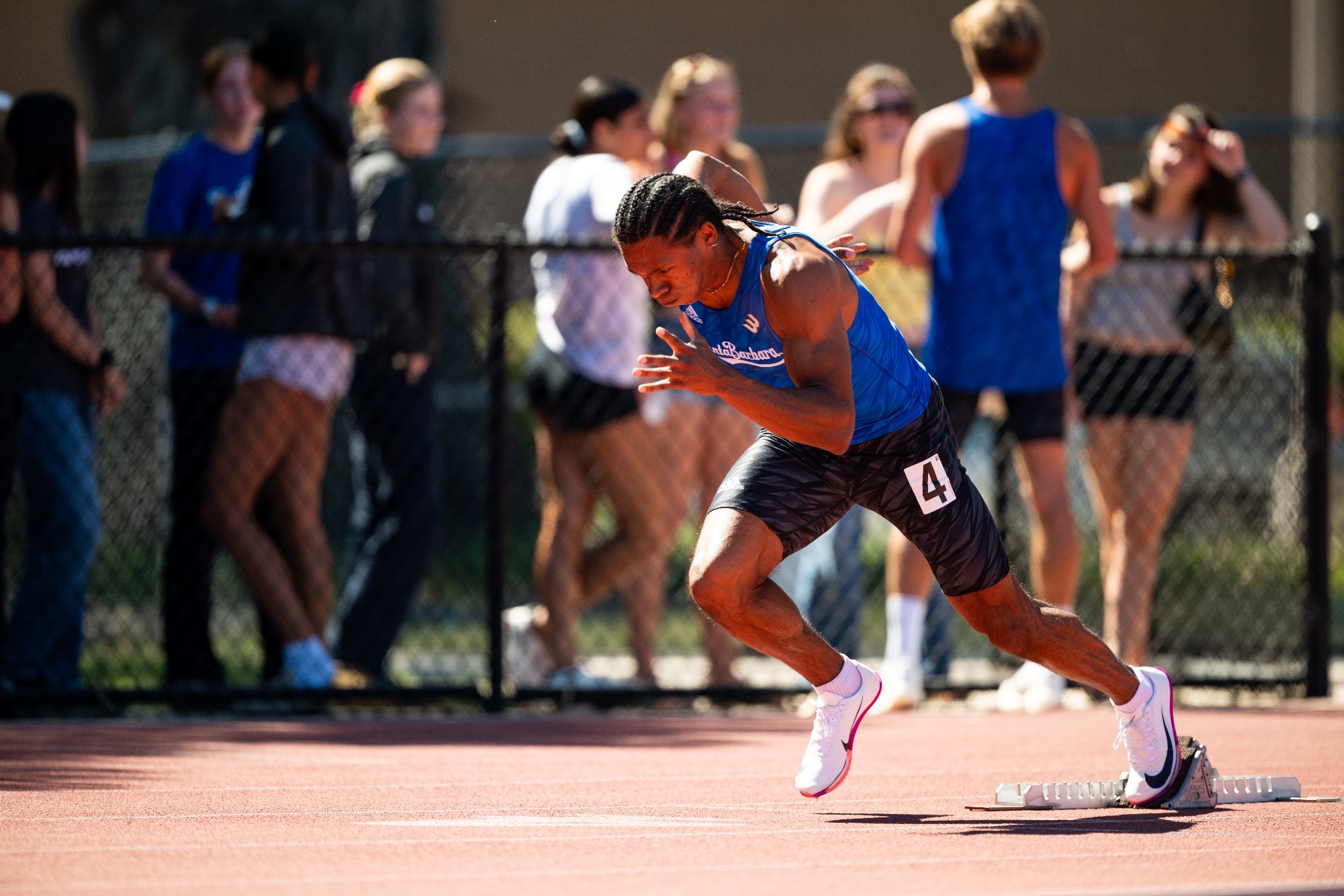 Finn Andrews coming out of the blocks in the 400m hurdles