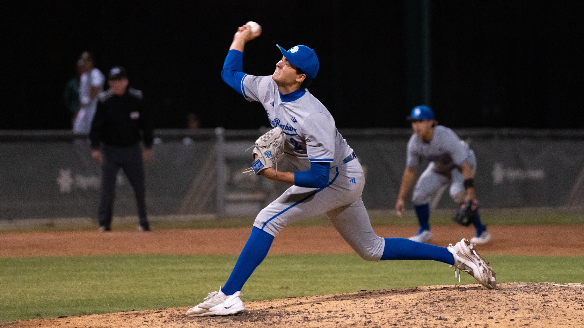 Flora pitching at Cal Poly (night)