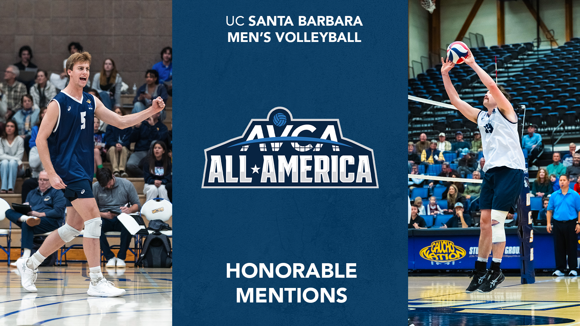 Graphic For AVCA Honorable Mentions. George Bruening Celebrates on the left, while Cole Schobel sets a ball on the right.
