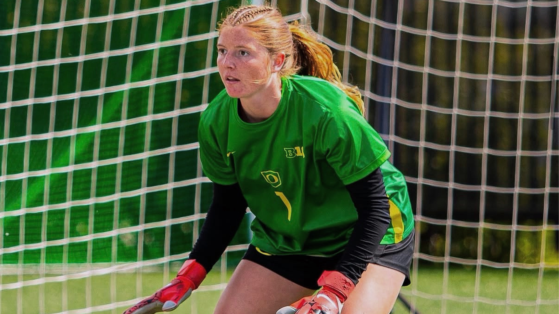 New recruit, Brynn Korpela stands in net waiting for a ball to be kicked her way in a training session.
